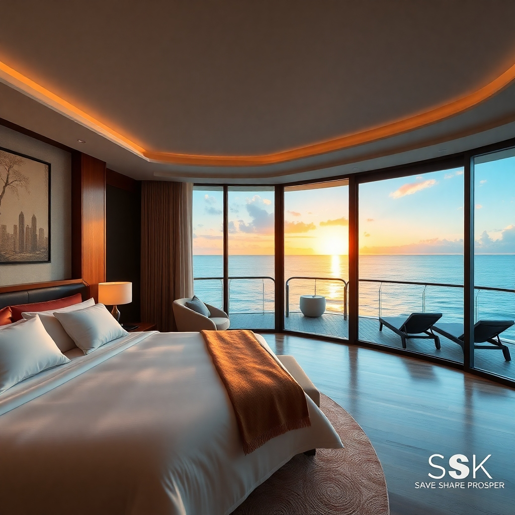 A photorealistic image of a luxurious hotel suite with an ocean view, featuring a king-size bed, large windows, a balcony with lounge chairs, and a breathtaking sunset. The overall mood is luxurious and relaxing.  The image should be bright, vibrant, and highly detailed, emphasizing the opulence and comfort of the suite.  Include subtle branding elements like a Save, Share, Prosper logo in the background.