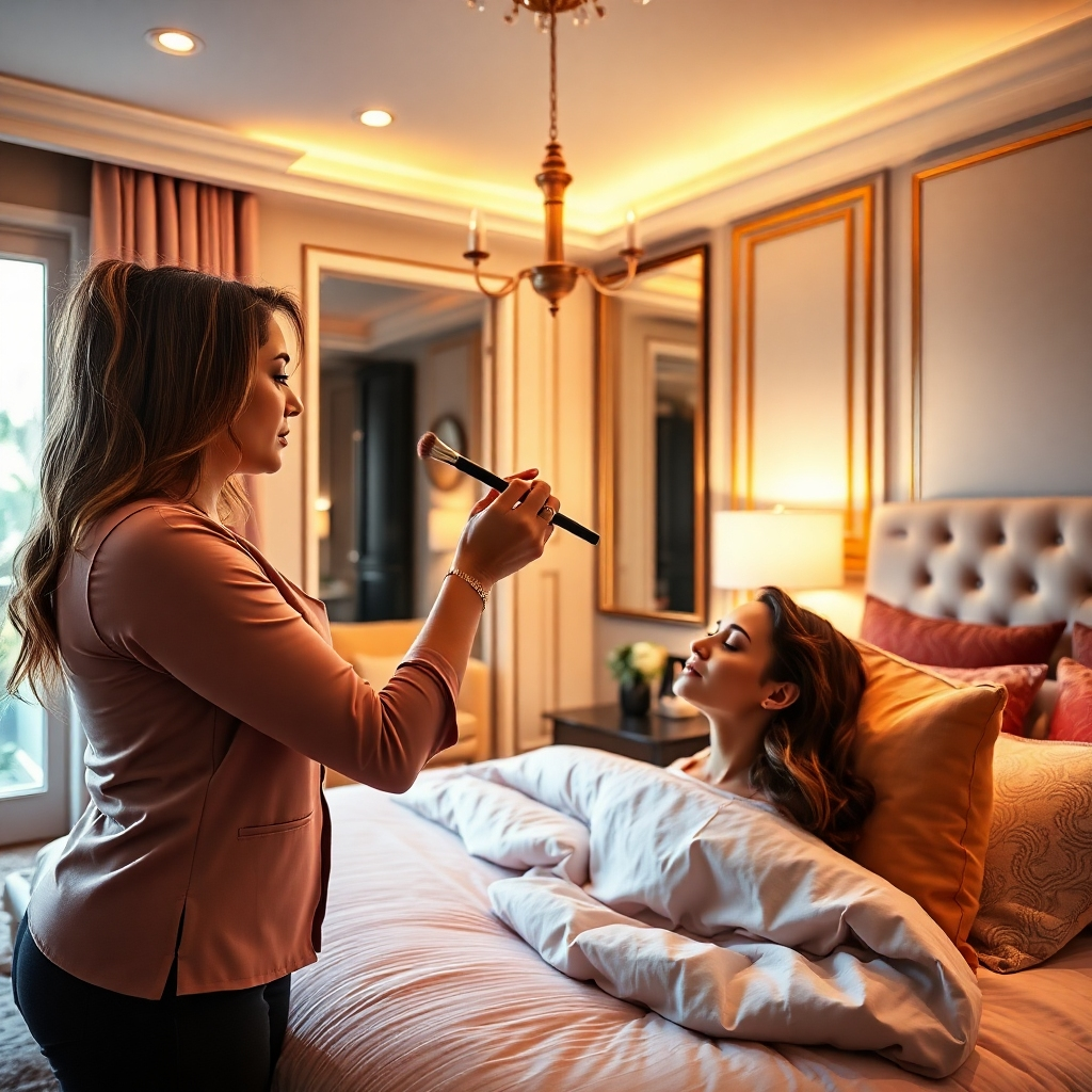 A photorealistic image of a makeup artist applying makeup to a client in a beautifully lit, modern bedroom. The makeup artist is highly skilled and focused, and the client is relaxed and comfortable. The room should showcase upscale decor, suggesting a high-end on-location service.  The overall image should evoke a feeling of luxury and pampering.