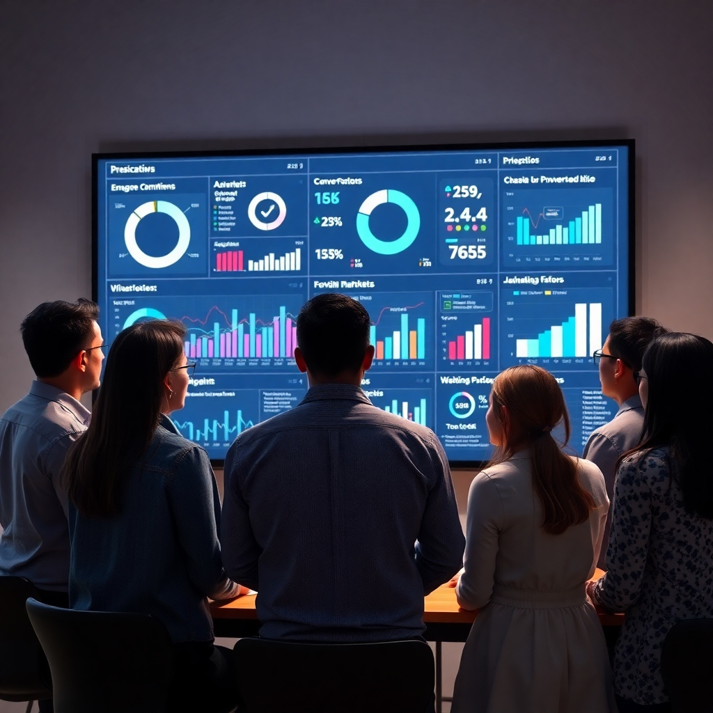 A photorealistic image of a marketing team gathered around a large screen displaying complex, interactive data visualizations related to a digital marketing campaign. The visuals should be clean, easy to understand, and highlight key metrics like engagement, conversion rates, and ROI. The scene should convey collaboration and strategic thinking, with a feeling of innovation and technological advancement.