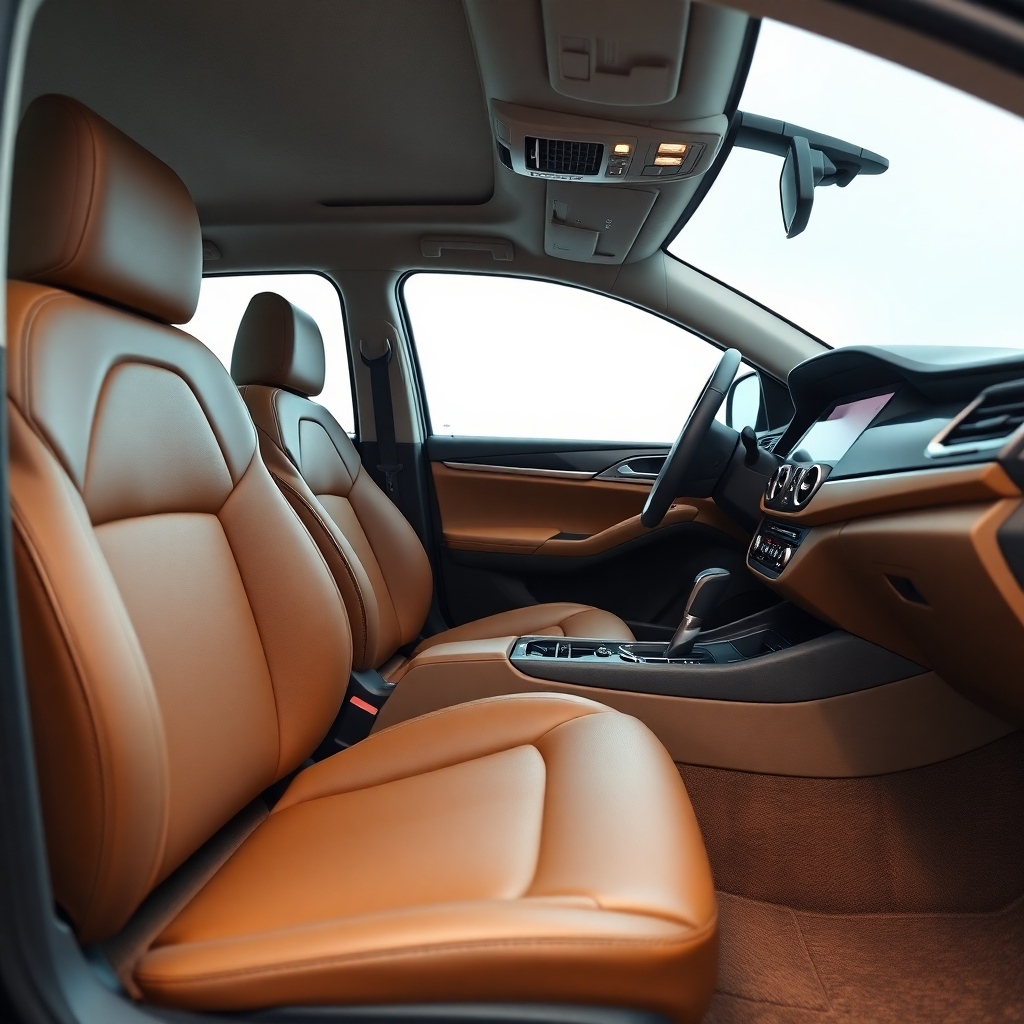 A photorealistic image of a meticulously detailed car interior. The image should showcase spotless leather seats, a perfectly cleaned dashboard, and dust-free carpets. The lighting should be soft and even, highlighting the textures and materials. The car should be a modern SUV.