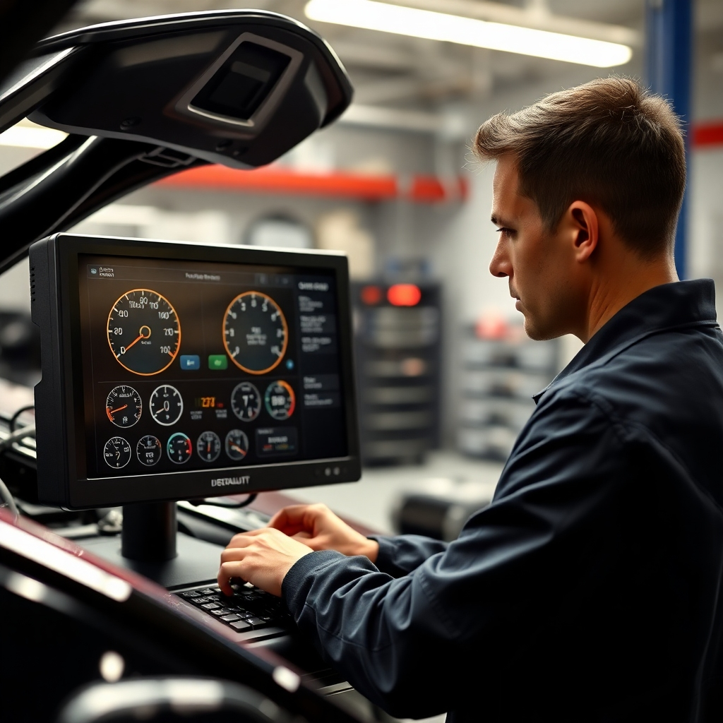 A photorealistic image of a mechanic using a sophisticated diagnostic computer on a car, with various gauges and data displayed on the screen.  The garage is clean and well-lit, showcasing professionalism. The mechanic should be focused and wearing a uniform.