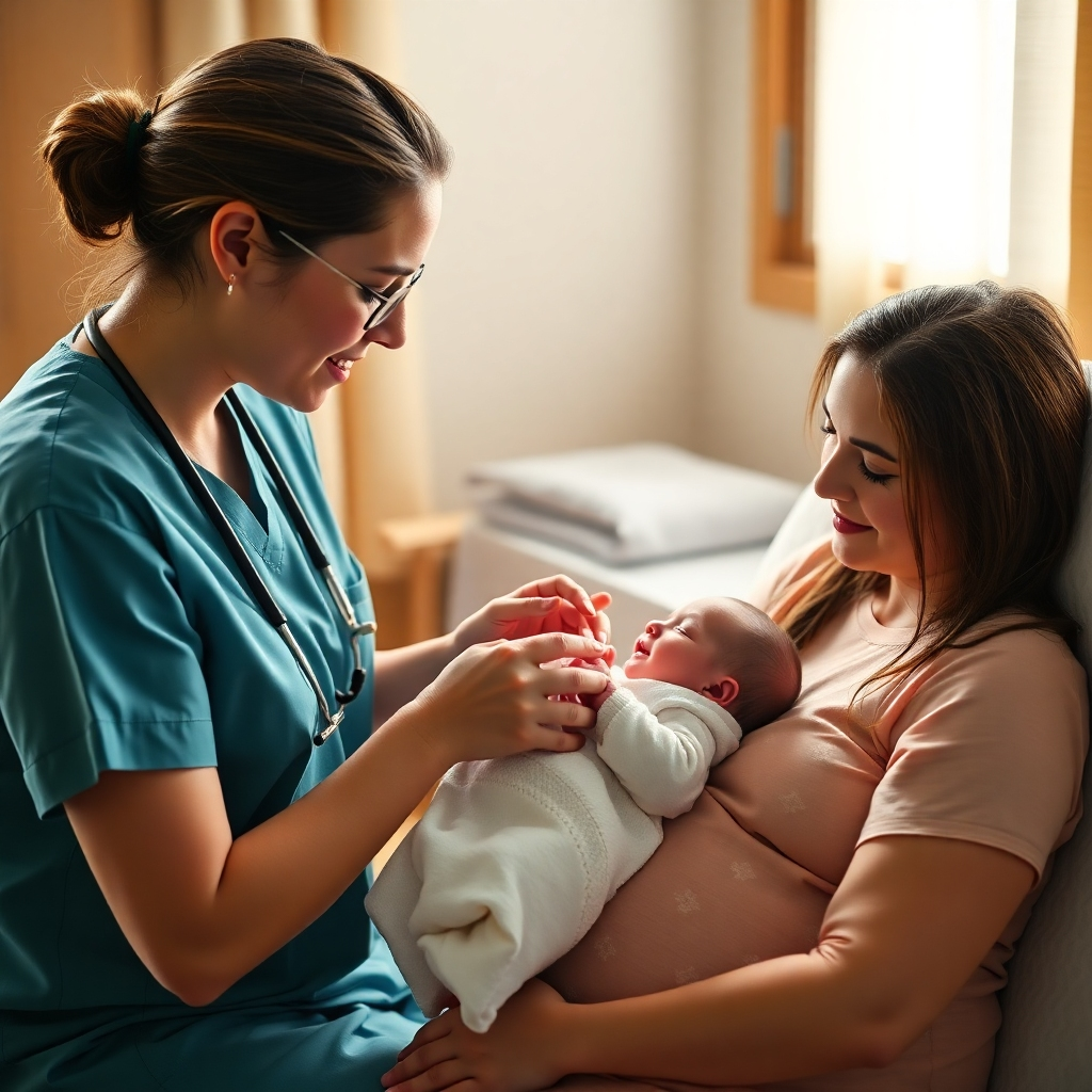 A photorealistic image of a midwife attentively examining a newborn baby during a postnatal checkup while the mother is comfortably seated nearby. The image should be bright, convey a feeling of care and comfort, and reflect the midwife's expert handling of the baby. High detail, 8k resolution.