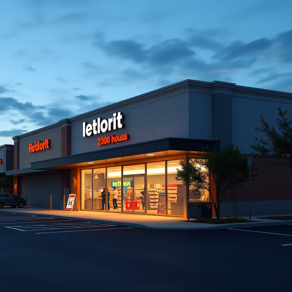 A photorealistic image of a modern retail store exterior at dusk. The store is well-lit and inviting, with clear signage indicating its name and hours of operation. The surrounding area should be well-maintained, with ample parking and easy pedestrian access.  The overall atmosphere should convey convenience and accessibility.