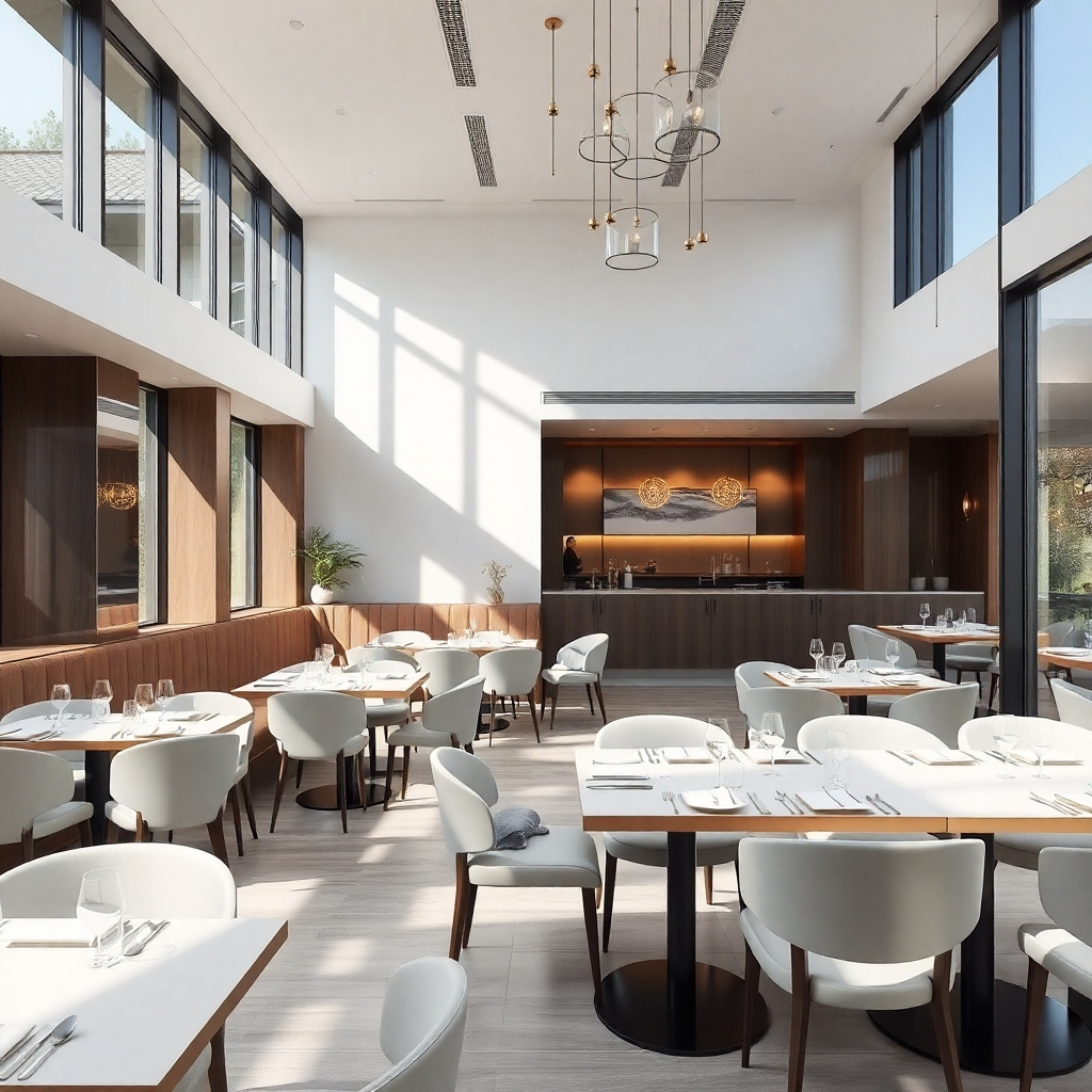 A photorealistic image of a modern restaurant interior. Clean lines, minimalist decor, and high-quality materials are emphasized. The furniture should be sleek and stylish, with a neutral color palette.  Natural light streams in from large windows, highlighting the elegant design. Include subtle design elements like metallic accents and unique lighting fixtures. The image should be sharp and well-lit, showcasing the modern aesthetic.