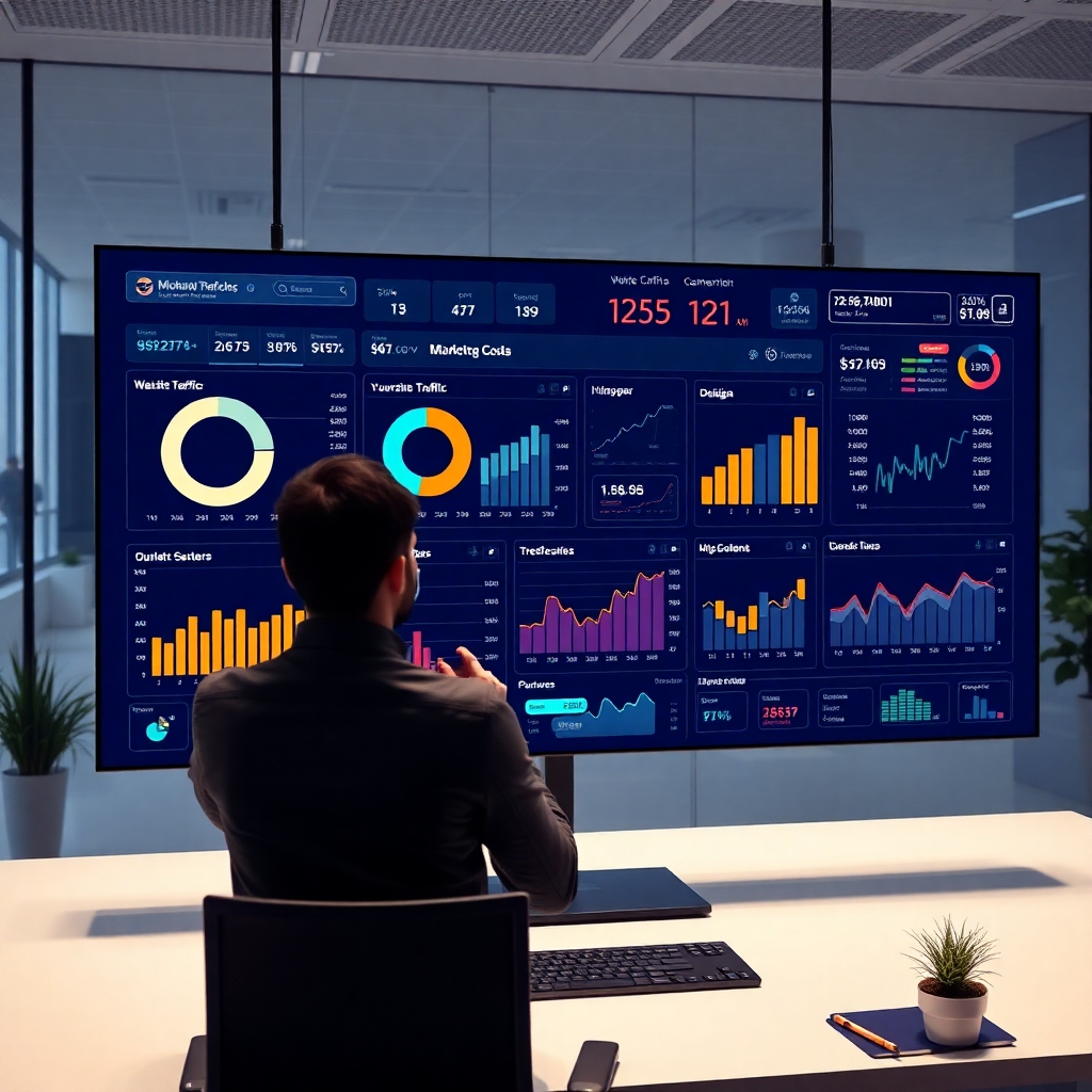 A photorealistic image of a modern, sleek dashboard displaying various marketing KPIs, charts, and graphs. Highlight key metrics like website traffic, conversion rates, and customer acquisition costs. The setting should be a clean, modern office with a person thoughtfully studying the data on a large screen.