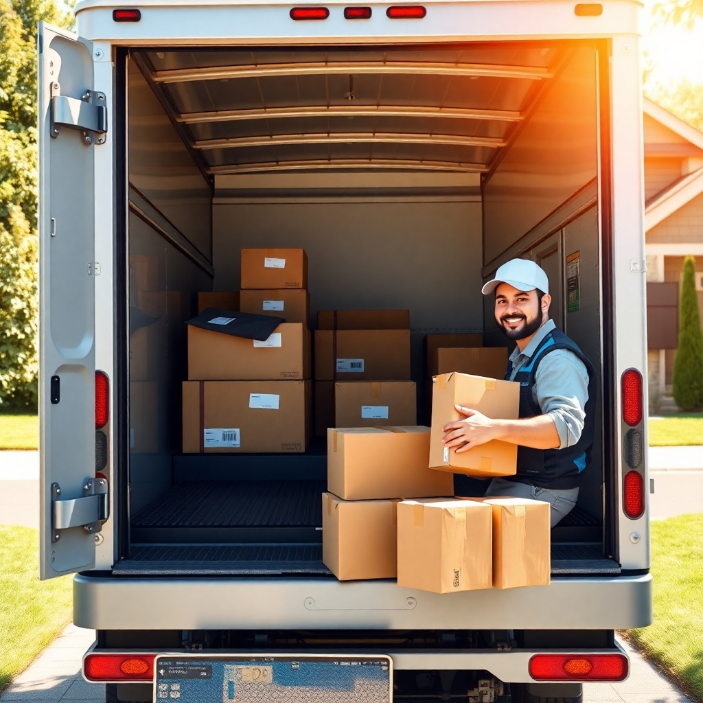 A photorealistic image of a modern, clean delivery truck pulling up to a residential house; packages are neatly stacked inside the truck, and a friendly driver is smiling and handing a package to a customer.  Bright, sunny day, suburban setting. High resolution, 8k quality, detailed textures.