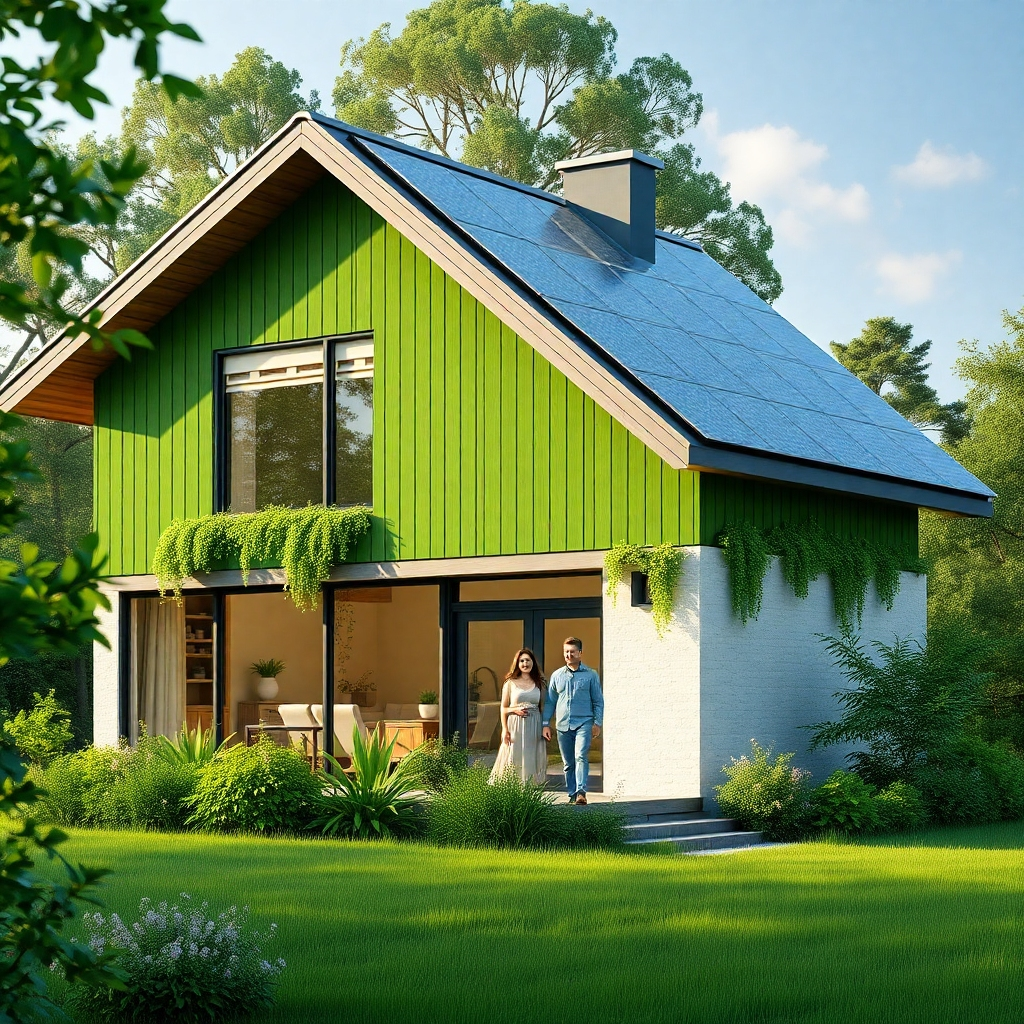 A photorealistic image of a modern, eco-friendly house with solar panels, green walls, and large windows. The house is nestled in a lush green environment, with a family smiling happily outside. The image should convey a feeling of sustainability and harmony with nature