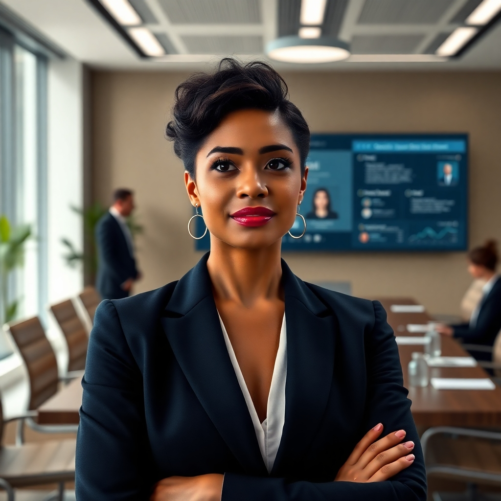 A photorealistic image of a modern, stylish office with a businesswoman confidently addressing a board meeting. The background subtly shows a virtual assistant's interface managing emails, scheduling appointments, and other administrative tasks.  The image should convey a sense of professionalism, scalability, and successful business growth, focusing on the businesswoman's confident expression.