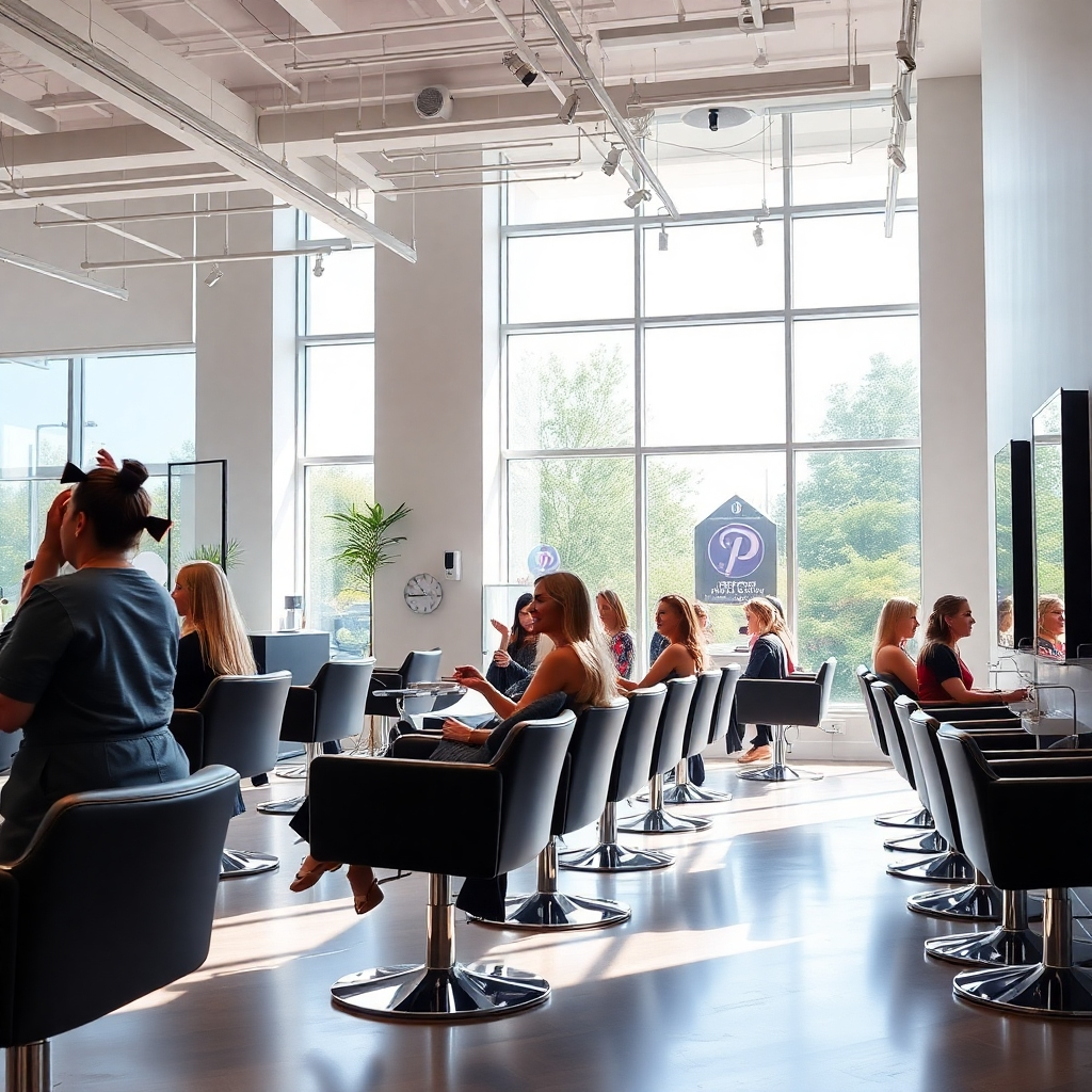 A photorealistic image of a modern, clean, and stylish hair salon interior.  Natural light streams in through large windows, illuminating stylishly arranged chairs and hair-styling stations.  Happy clients are seen with stylists, focused on their hair.  The overall ambiance should be upscale yet welcoming, conveying a sense of calm and sophistication. High-resolution, detailed textures and vibrant colors are a must.