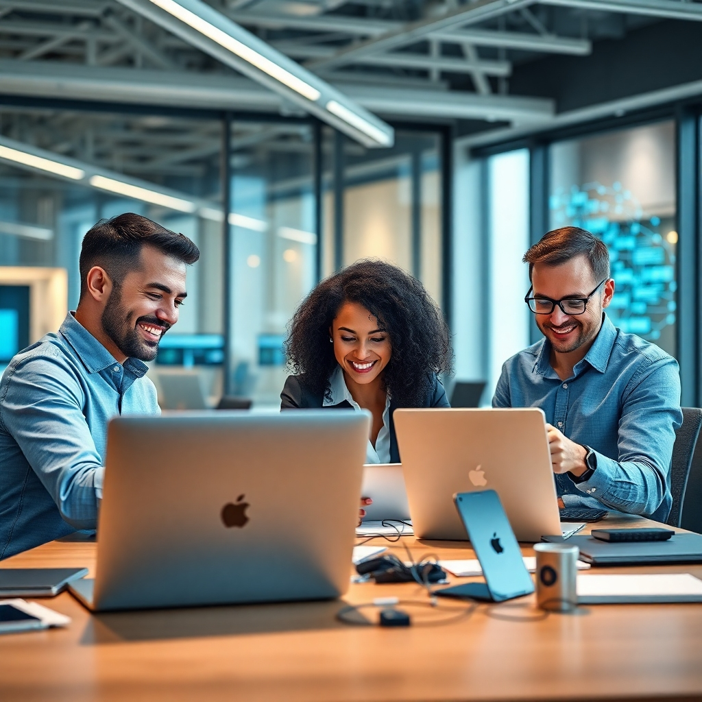 A photorealistic image of a modern, bright office with happy, productive employees collaborating around sleek, connected devices.  The background subtly shows data streams and network connections, suggesting seamless technology integration. The overall mood should be one of efficiency and collaboration.