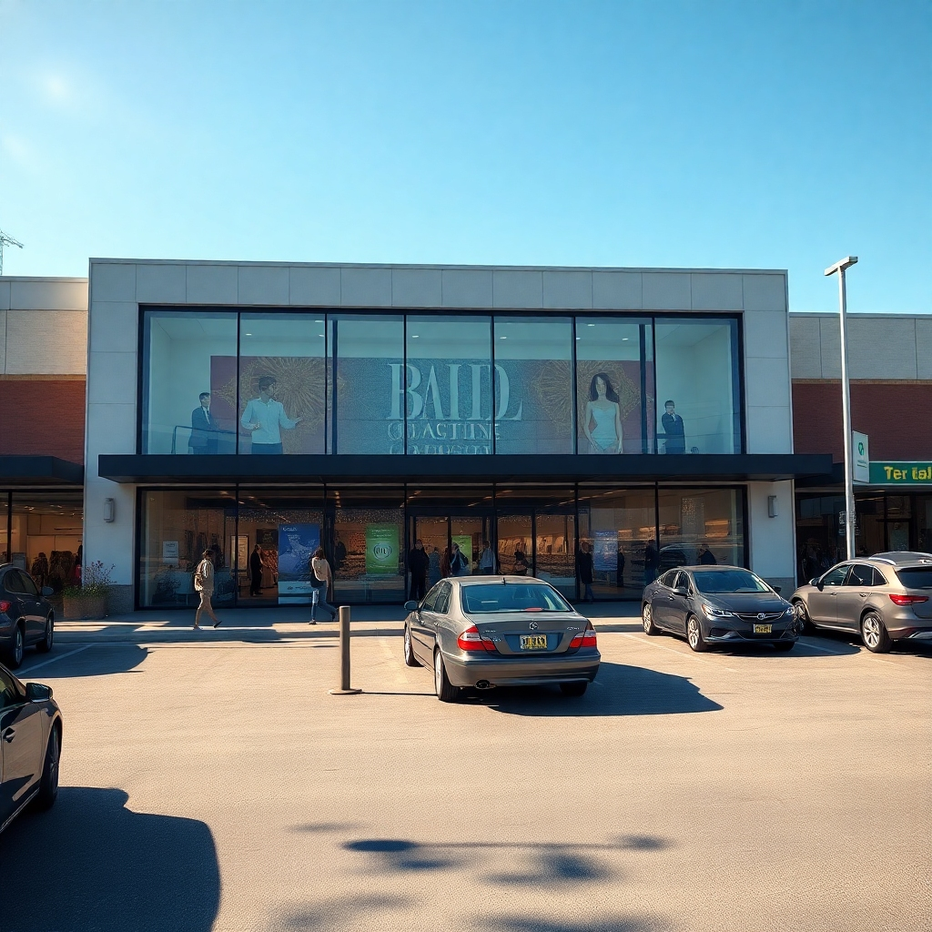 A photorealistic image of a modern retail store with ample parking space visible, situated in a busy but easily accessible area.  Bright sunlight illuminates the store's large windows showcasing attractive displays inside. People are visible entering and exiting the store, cars are parked neatly in the parking lot, and public transportation such as a bus stop is subtly visible in the background.