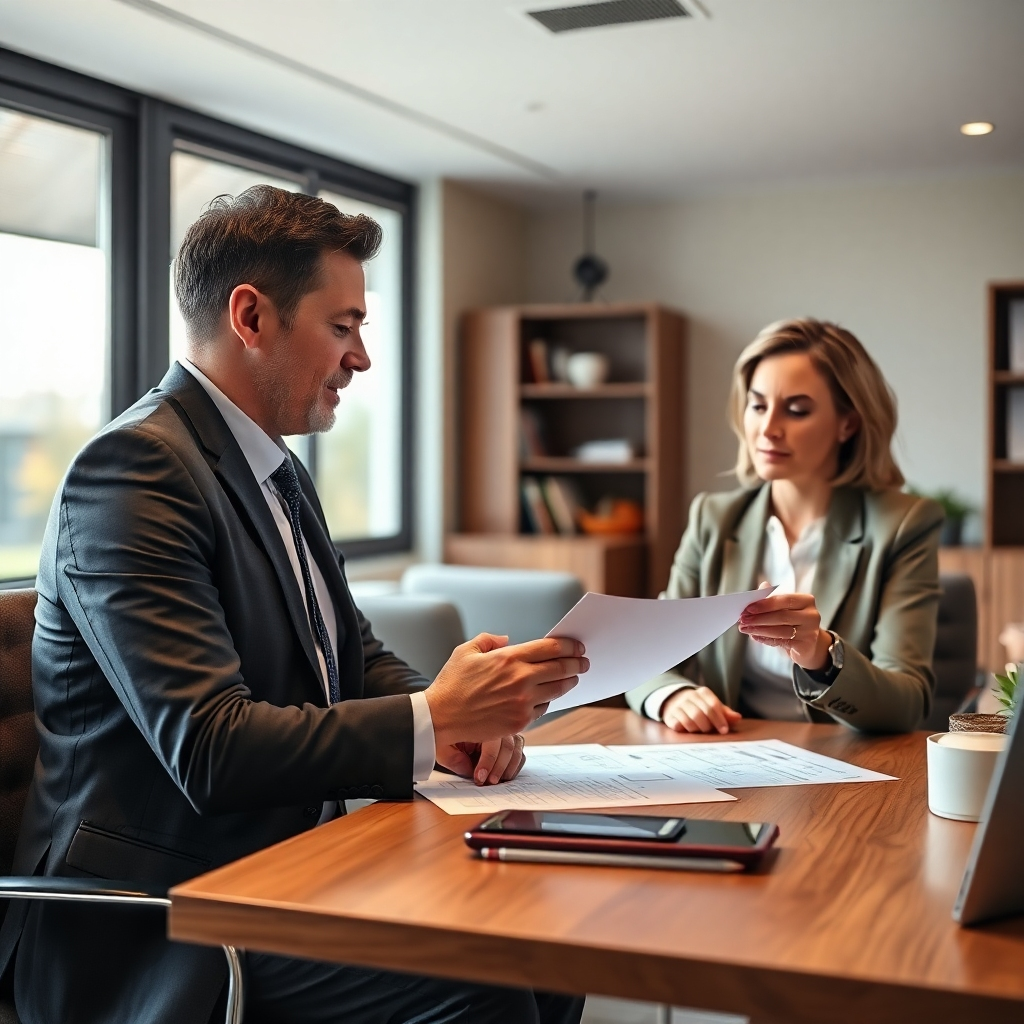 A photorealistic image of a mortgage broker and a client sitting together at a table, engaged in a conversation. The broker is gesturing towards paperwork, explaining something clearly. The setting is a bright, comfortable office space, suggesting trust and professionalism. The focus should be on the interaction between broker and client, capturing the feeling of a supportive and informative discussion. High-resolution, detailed image with a warm color palette.