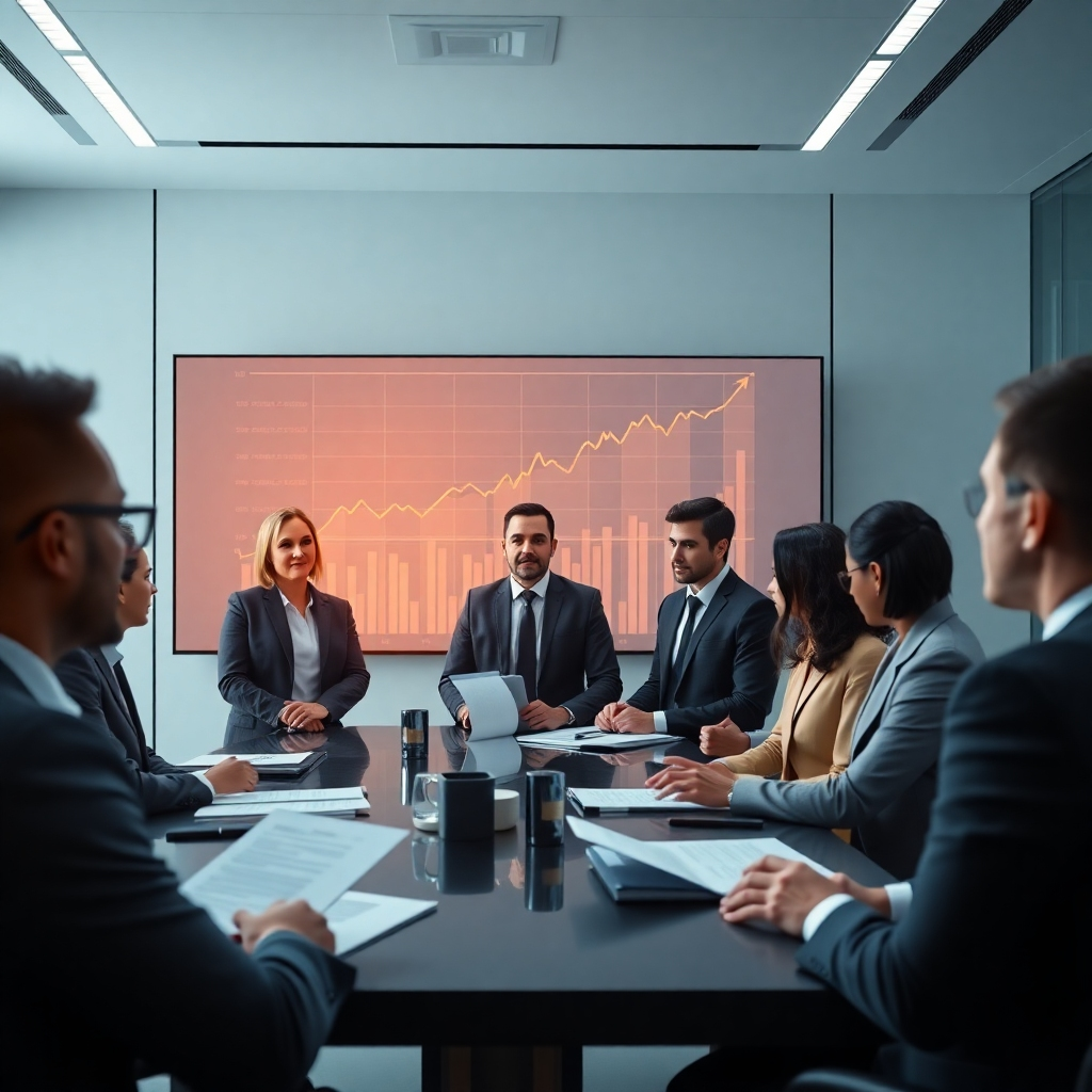 A photorealistic image of a modern, sleek boardroom with diverse business professionals in suits looking at a large screen displaying a cryptocurrency market graph showing steady growth.  Subtle details should incorporate official-looking documents and logos of reputable financial institutions. The overall atmosphere should convey trust, professionalism, and controlled growth, indicating responsible institutional involvement in the cryptocurrency market. The lighting should be bright and professional, enhancing the sense of legitimacy and confidence.