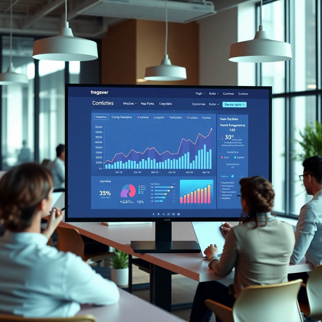 A photorealistic image of a modern, sleek website interface on a large monitor, with dynamic charts and graphs illustrating website traffic and engagement metrics rising sharply. The background should subtly showcase a diverse team of professionals collaborating in a bright, modern office.