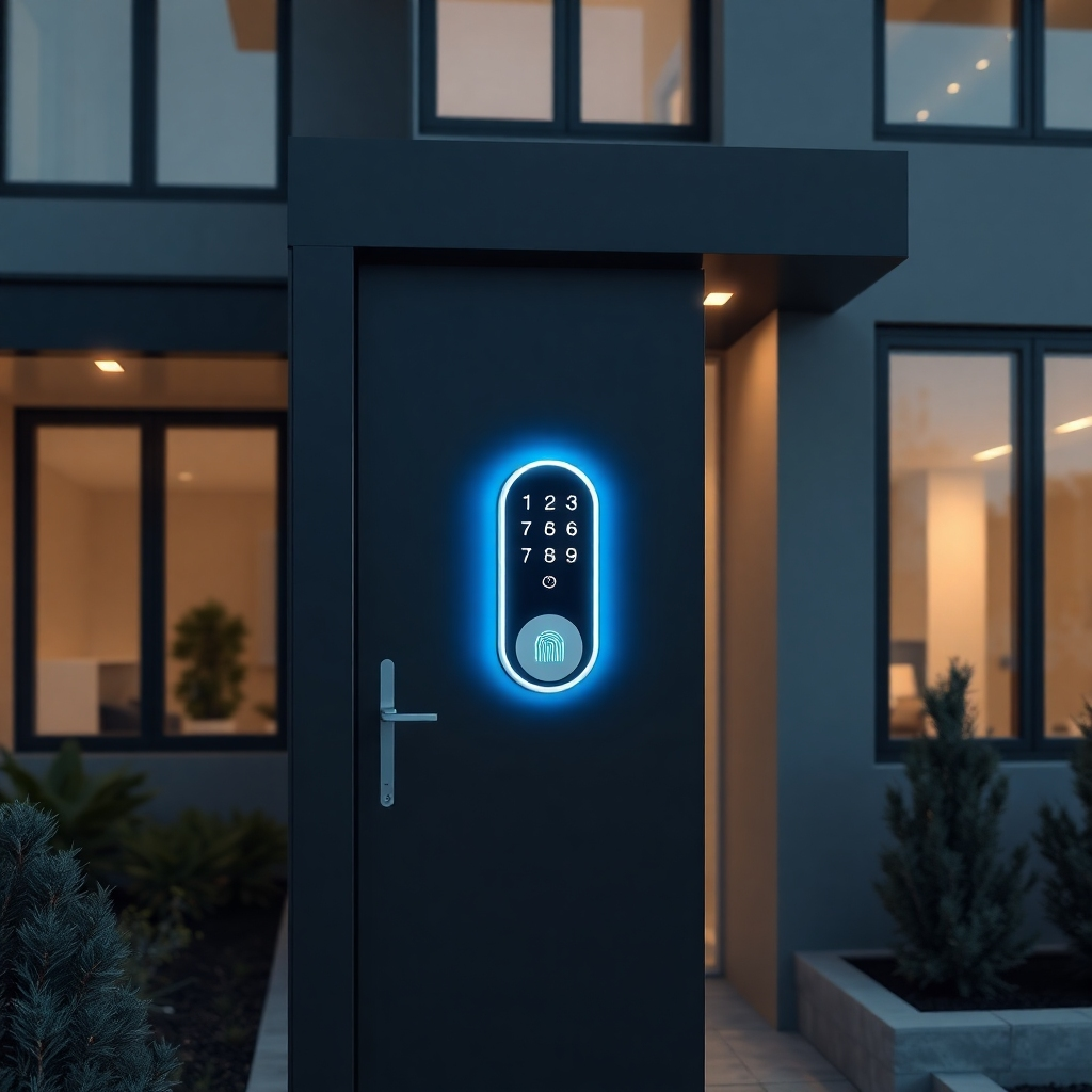 A photorealistic image of a modern smart lock installed on a sleek, dark-grey front door. The lock is illuminated, showcasing its digital keypad and fingerprint scanner. The house is a modern architectural style, with large windows and minimal landscaping.  The lighting should be soft and even, highlighting the lock's features. The overall mood should be one of safety and technological advancement.