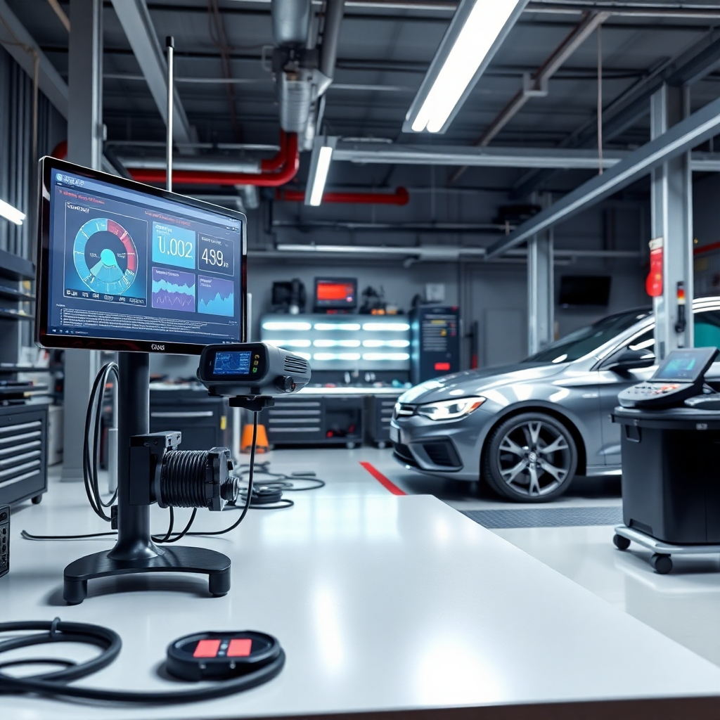 A photorealistic image of a modern, clean auto repair shop showcasing high-tech diagnostic equipment.  The image should include a computer screen displaying detailed vehicle data, a sophisticated diagnostic scanner being used on a car, and other modern tools arranged in an organized manner. The lighting should be bright and the environment should look technologically advanced.