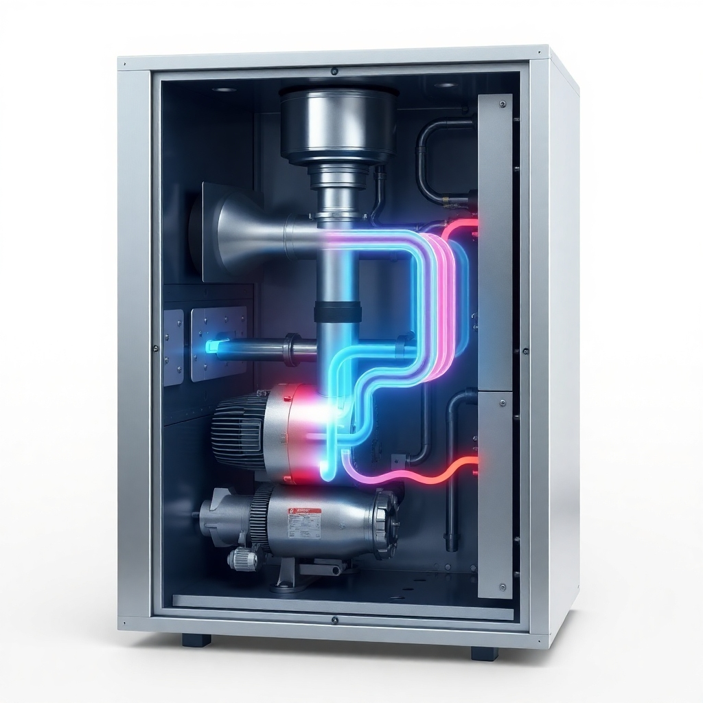 A photorealistic image of a modern gas furnace with its casing transparent to reveal the internal components, including the heat exchanger, burner, blower motor, and filter. Show the pathways of gas and air flow using realistic visual effects. High detail, sharp focus.