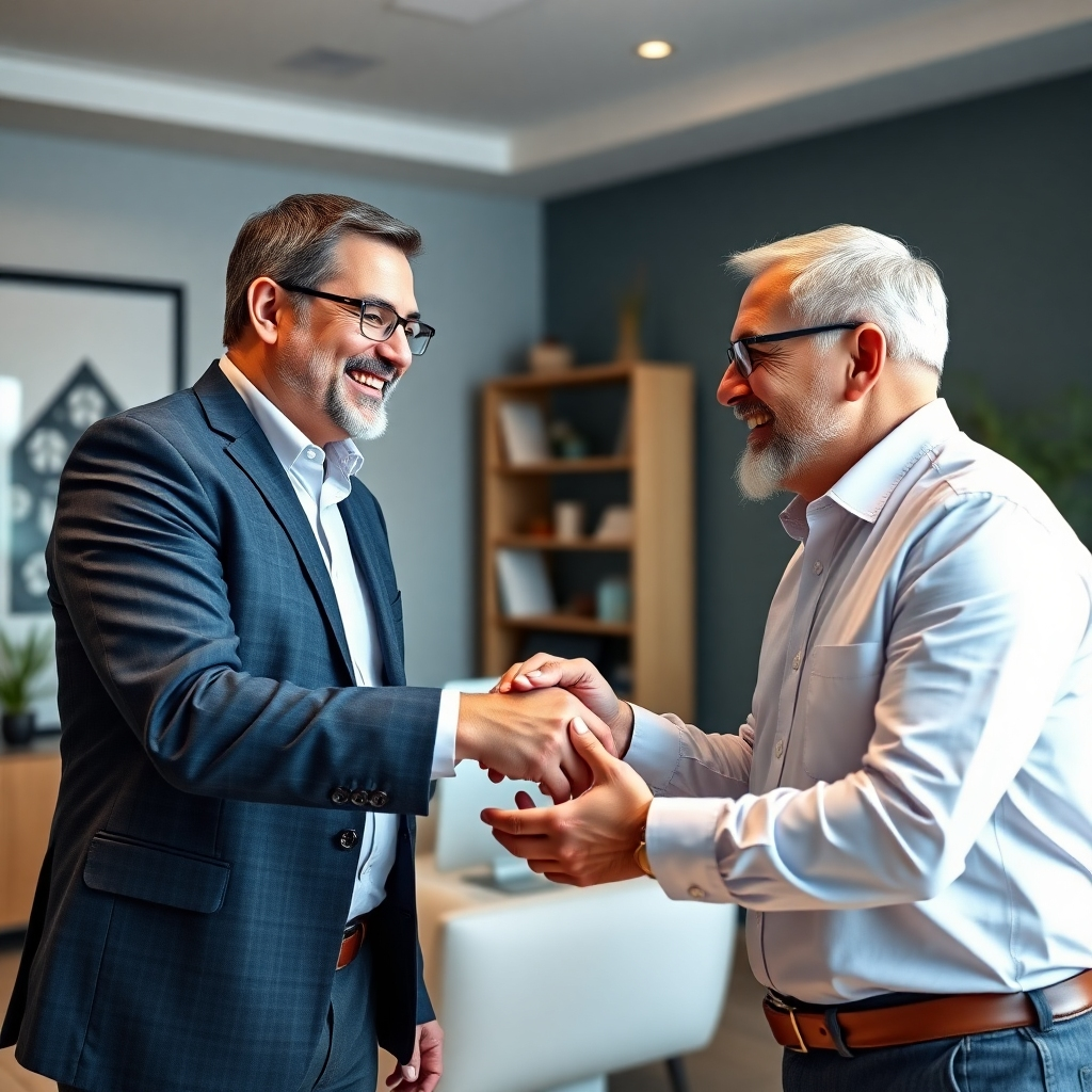 A photorealistic image of a mortgage broker and a client shaking hands, smiling. The setting should be a comfortable and professional office. The image should highlight a positive and trustworthy relationship between the broker and the client, and portray a sense of relief and accomplishment.