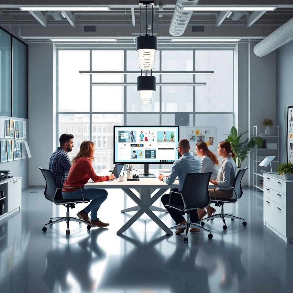 A photorealistic image of a modern, bright office space.  A team of graphic designers are collaborating around a large table, reviewing designs on a monitor.  The room is filled with design elements, such as mood boards and design software interfaces.  The image should convey a sense of teamwork and collaboration.