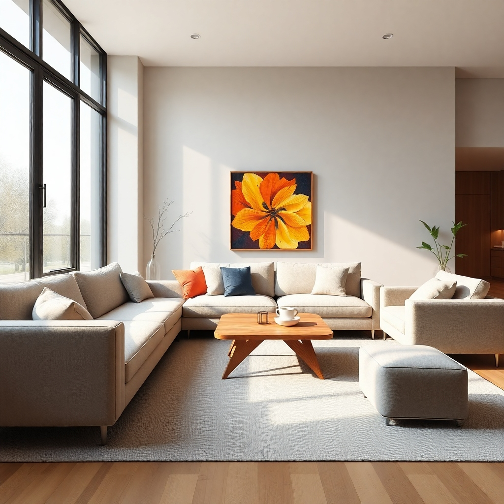 A photorealistic image of a modern living room.  The room features a minimalist sofa with clean lines, a sleek coffee table made of natural wood, and a large window allowing abundant natural light.  The color palette is neutral, with pops of color from carefully selected throw pillows and a vibrant piece of artwork. The image should emphasize the seamless blend of functionality and beauty, showcasing how furniture placement optimizes space and flow.