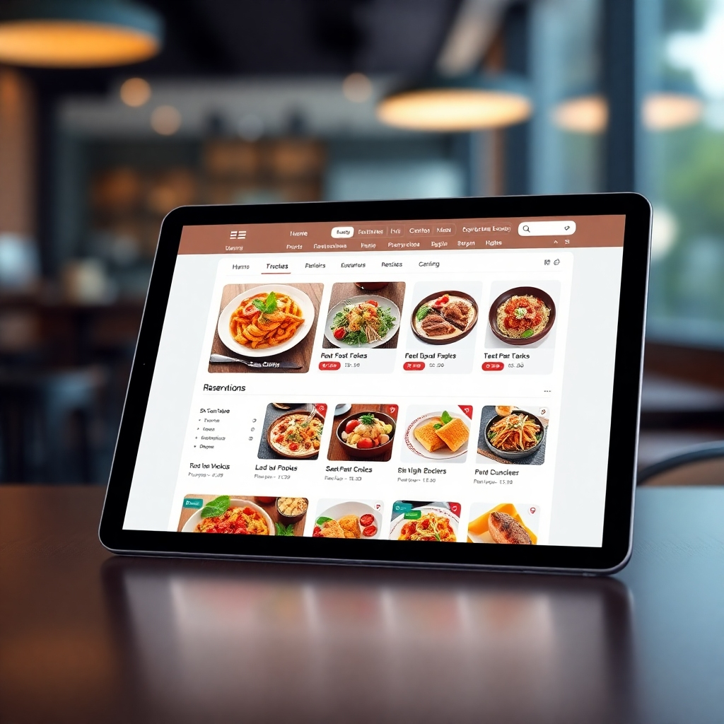 A photorealistic image of a modern restaurant website showing a clean menu interface with high-quality food photos and an integrated online reservation system.  The background should be subtly blurred, focusing on the user-friendly design and ease of navigation.  The overall aesthetic should be sleek and inviting, suggesting a seamless and efficient ordering process. The website should be displayed on a tablet, slightly angled, to provide a more engaging composition.