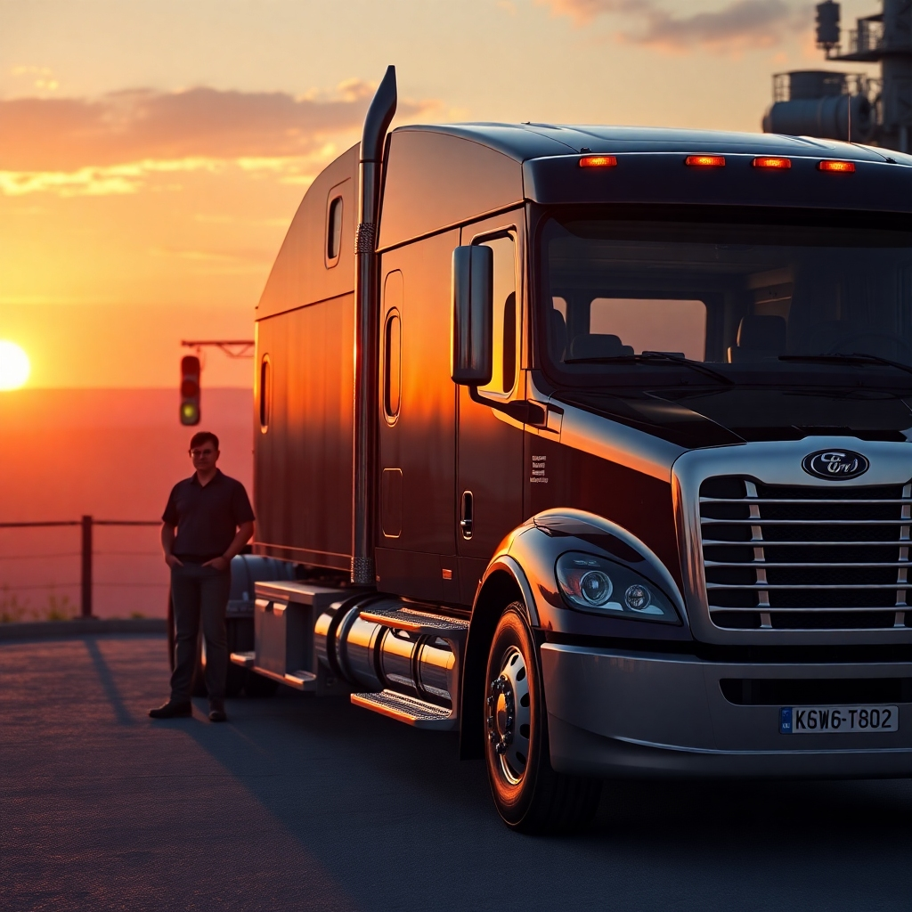A photorealistic image of a modern, well-maintained semi-truck parked at a scenic overlook at sunset.  The driver is standing proudly beside it, and a visible route map is in the cab.  The overall feeling is one of accomplishment and satisfaction.
