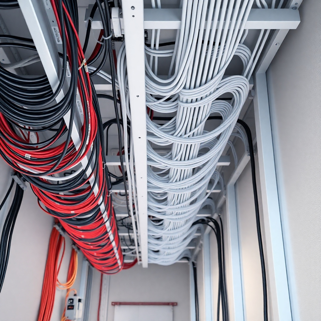 A photorealistic image of a newly constructed building's electrical system. The wiring should be neatly organized, color-coded, and clearly labeled.  The image should show a clean, modern aesthetic, showcasing the efficiency of the wiring and the thoughtful planning that went into the installation. High-resolution, sharp focus on the neatly arranged wiring.