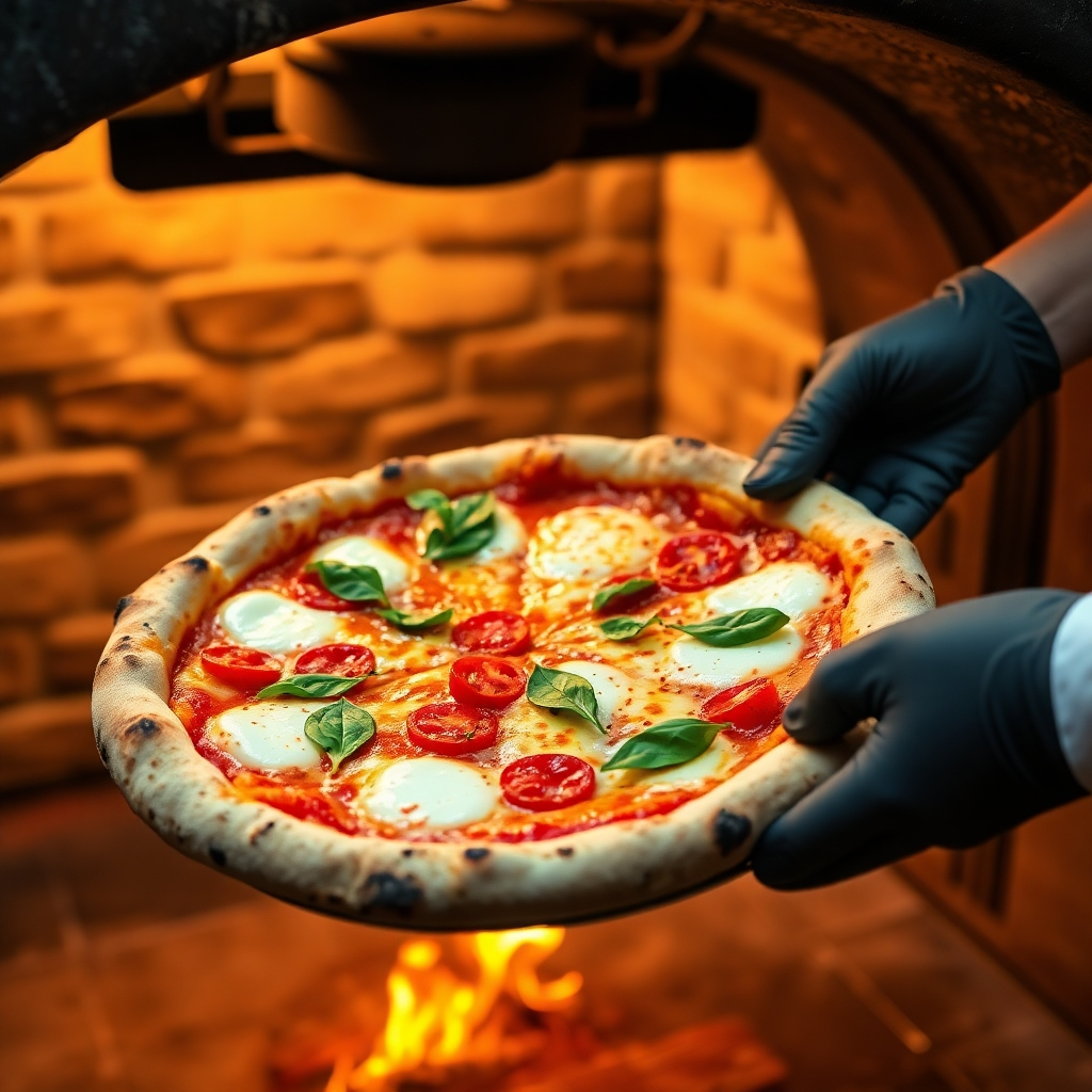 A photorealistic image of a Neapolitan pizza with melted mozzarella, fresh basil, and San Marzano tomatoes, being taken out of a wood-fired oven by a chef's gloved hands. The background shows a rustic Italian kitchen with exposed brick walls and warm lighting. The pizza should be slightly charred at the edges, showcasing its authentic preparation.