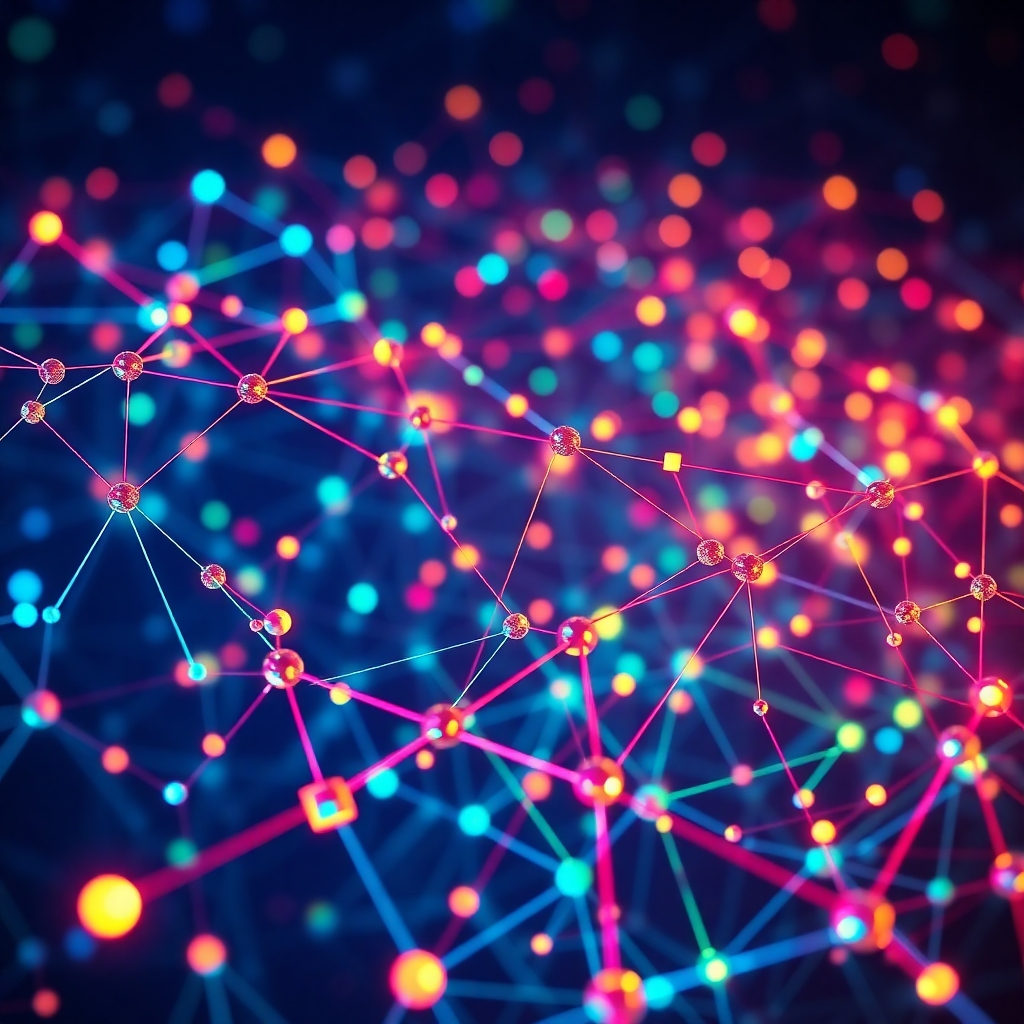 A photorealistic image of a network of interconnected nodes forming a blockchain, with secure data packets flowing between them.  Use vibrant colors to represent data flow and security, emphasizing visual clarity and a sense of complex but ordered systems. Include subtle elements of cryptography to suggest data protection.