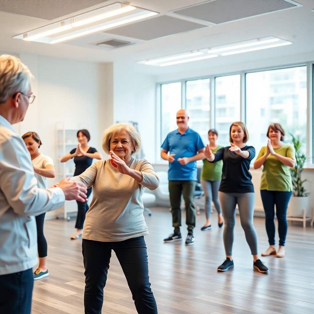 A photorealistic image of a patient actively participating in a physiotherapy exercise program. The image should depict a diverse patient population doing various exercises like weight training, stretching exercises, and balance exercises under the guidance of a physiotherapist. The setting should be a modern, bright, and spacious physiotherapy clinic. High resolution, showing positive patient expressions, professional and supportive atmosphere