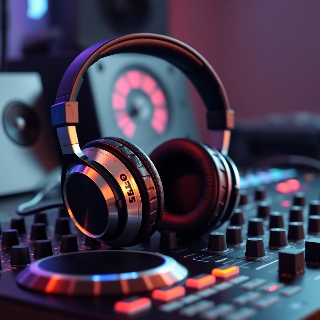 A photorealistic image of a pair of high-end DJ headphones resting on a DJ controller. The headphones should be detailed, showing the earcups, headband, and cable. The background should subtly include other DJ equipment, emphasizing the professional audio quality of the headphones.