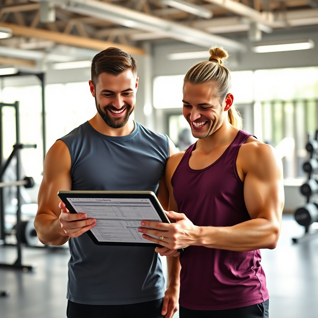 A photorealistic image of a personal trainer and client reviewing a digital tablet displaying a customized workout plan, smiling, in a modern gym setting.  The image should emphasize the collaborative and personalized nature of the training. The lighting should be bright and natural. The client should be visibly engaged and enthusiastic.