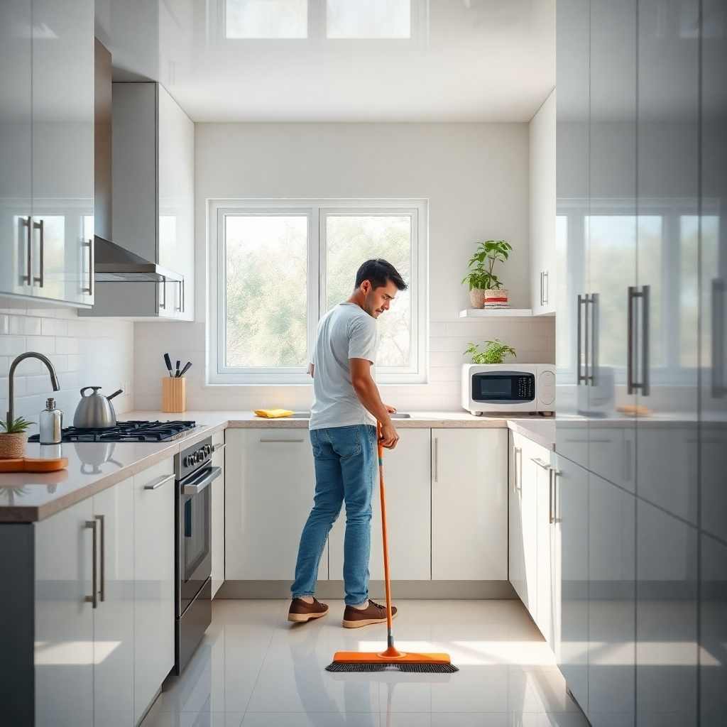 A photorealistic image of a person efficiently cleaning a bright, modern kitchen. The person is shown methodically wiping down countertops, then cleaning appliances from top to bottom, and finally sweeping the floor. The kitchen is impeccably clean and organized, showcasing a systematic cleaning process. The scene is realistically lit and should showcase the efficiency of their process.