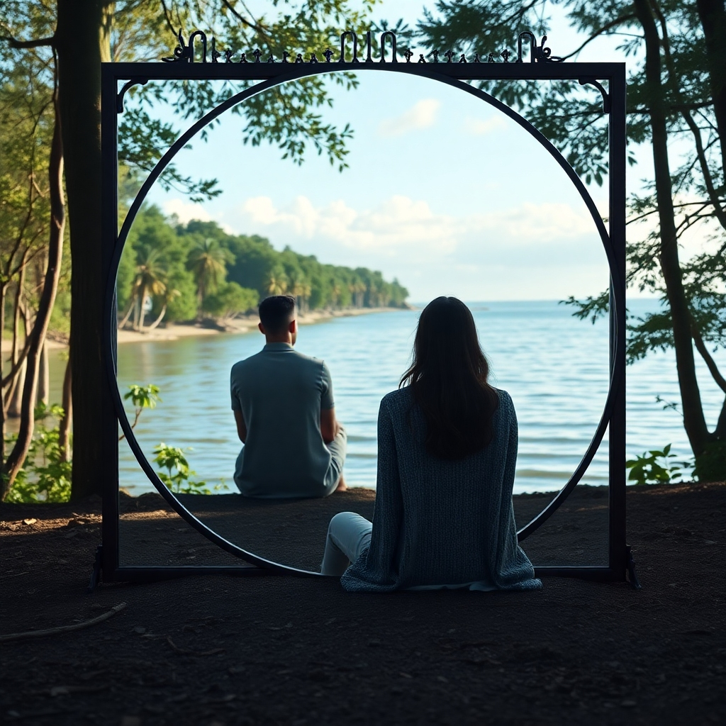 A photorealistic image of a person sitting peacefully in a reflective pose, with a mirror reflecting their inner self and thoughts. The environment could be a serene and calming place such as a quiet forest or a peaceful beach. The image should reflect introspection and self-discovery.