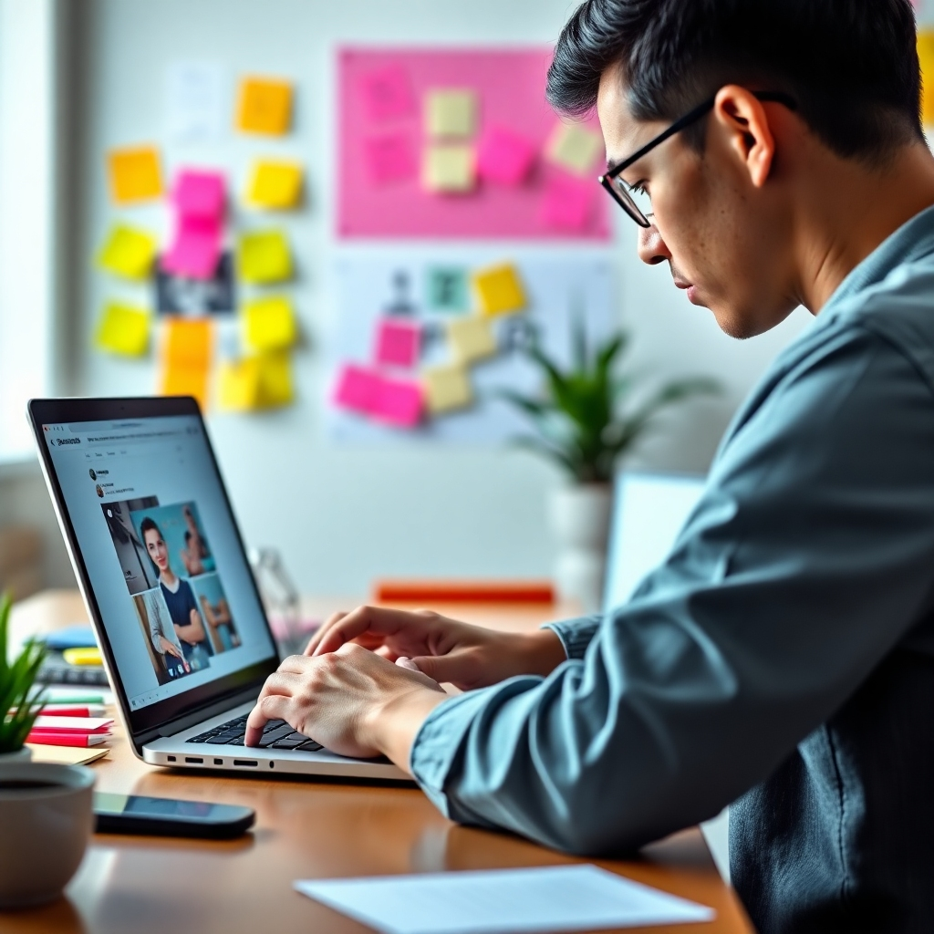A photorealistic image of a person thoughtfully creating engaging social media content on a laptop, surrounded by colorful sticky notes and inspiration boards. The background should be a bright, modern office space, emphasizing creativity and productivity.  The laptop screen displays a mock-up of a visually appealing social media post.