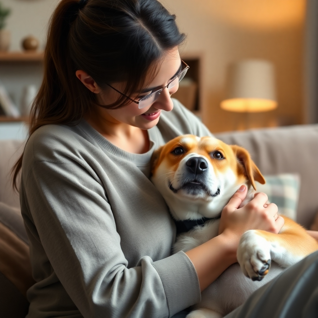 A photorealistic image of a pet sitter interacting lovingly with a dog; the dog is relaxed and happy, leaning against the sitter, who is gently petting it. The setting is a cozy living room with soft lighting, showing a sense of calm and trust. High detail, 8k resolution, cinematic lighting