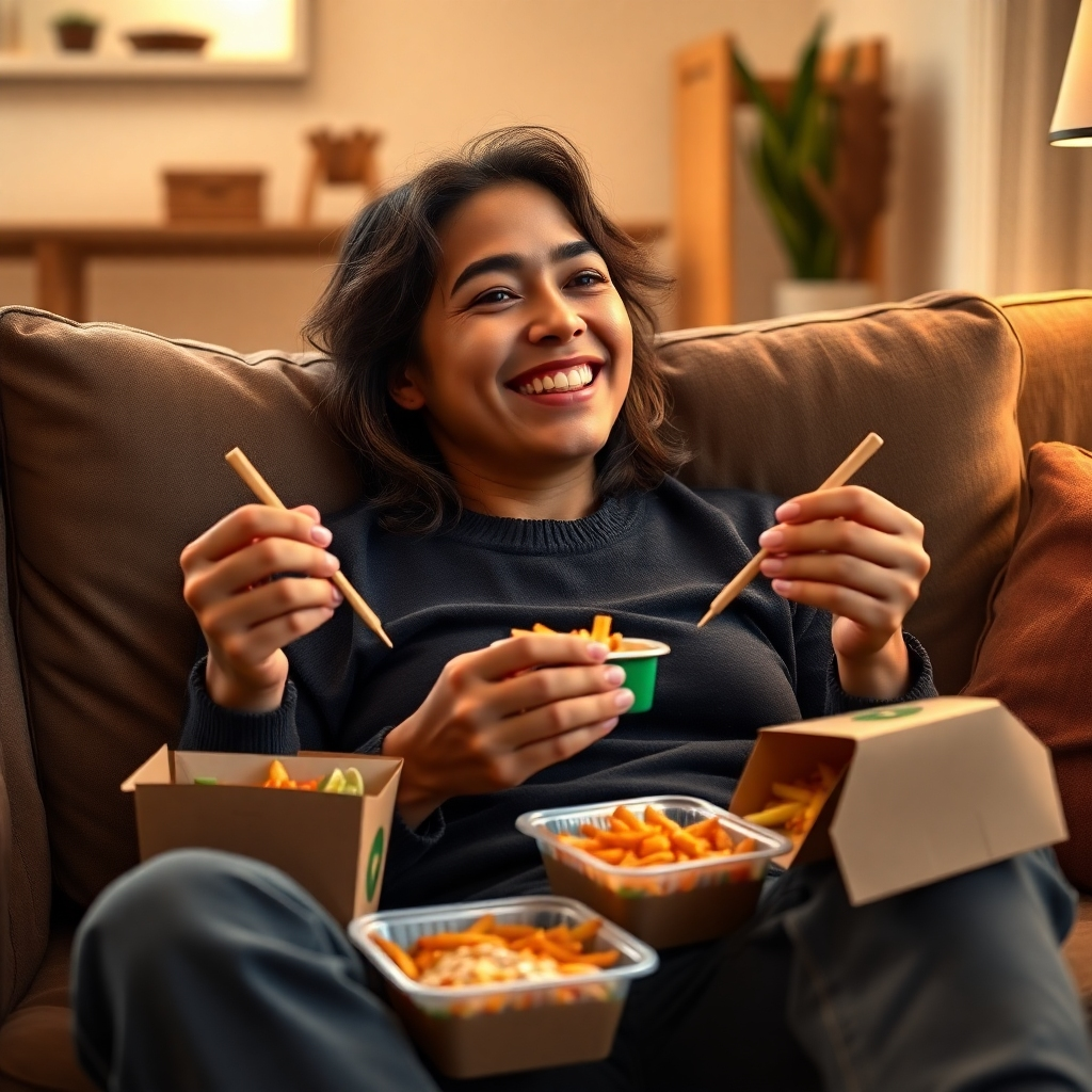 A photorealistic image of a person relaxing on a couch at home, contentedly eating fast food delivered in eco-friendly containers.  The background should be cozy and inviting, with warm lighting. The person should have a relaxed and happy expression.