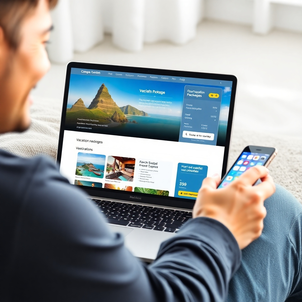 A photorealistic image of a person smiling while using a laptop or mobile phone to easily browse and book a vacation package online. The website should prominently display images of beautiful vacation destinations, clear pricing information, and user-friendly navigation. The image should convey ease, convenience, and speed. Incorporate the Save, Share, Prosper logo seamlessly on the website interface.
