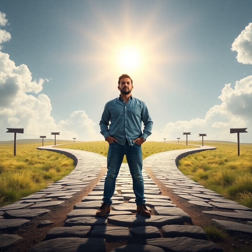 A photorealistic image of a person standing at a crossroads, with multiple paths leading to different destinations, symbolizing choices and opportunities. The person should have a determined and hopeful expression, with sunlight shining on them, suggesting a positive and optimistic future. The overall mood should be inspirational and empowering.