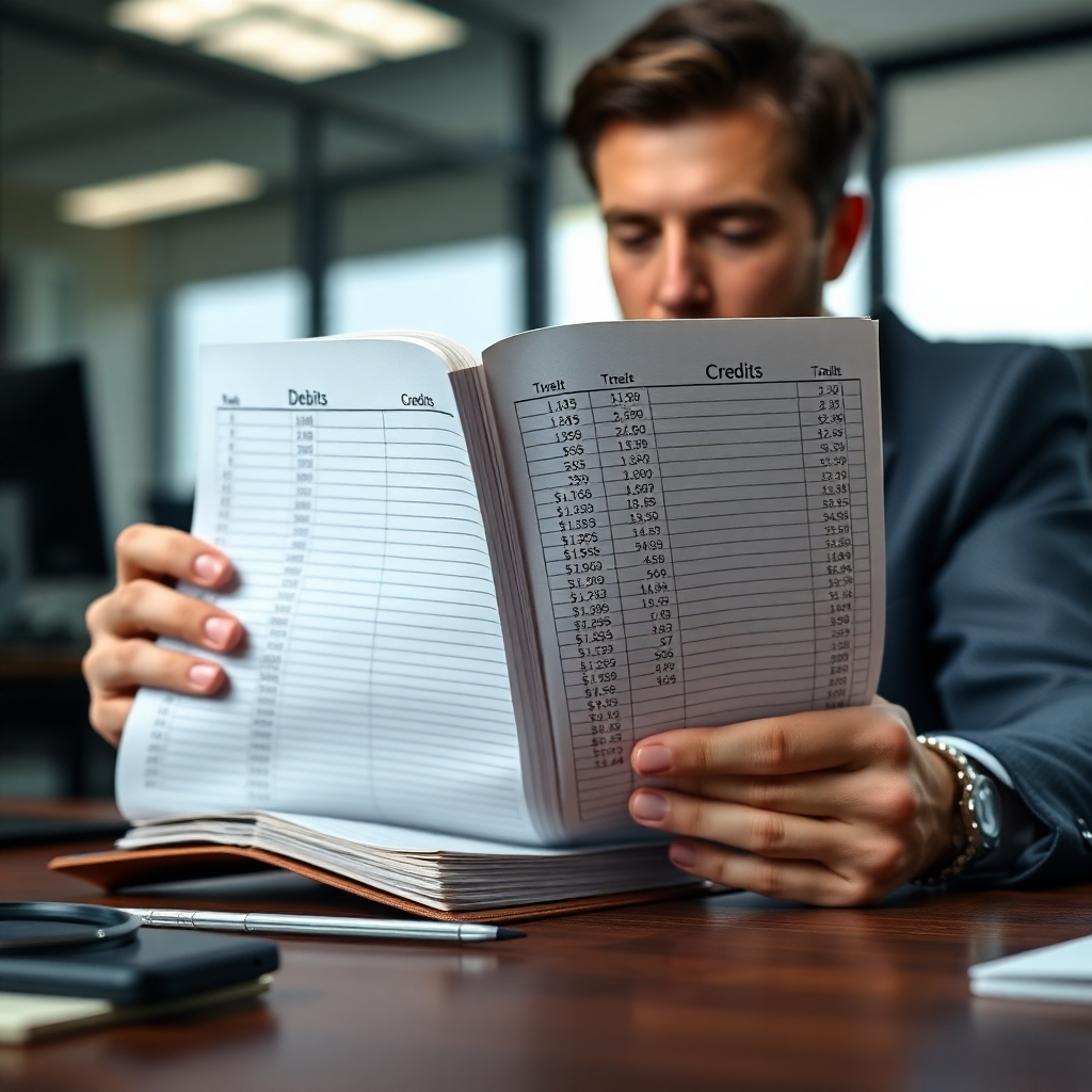 A photorealistic image of a person sitting at a desk, thoughtfully looking at a detailed ledger book with columns clearly labeled 'Debits' and 'Credits', showing numerical entries.  The background should be a blurred but professional office setting. The focus should be on the ledger and the person's focused expression.