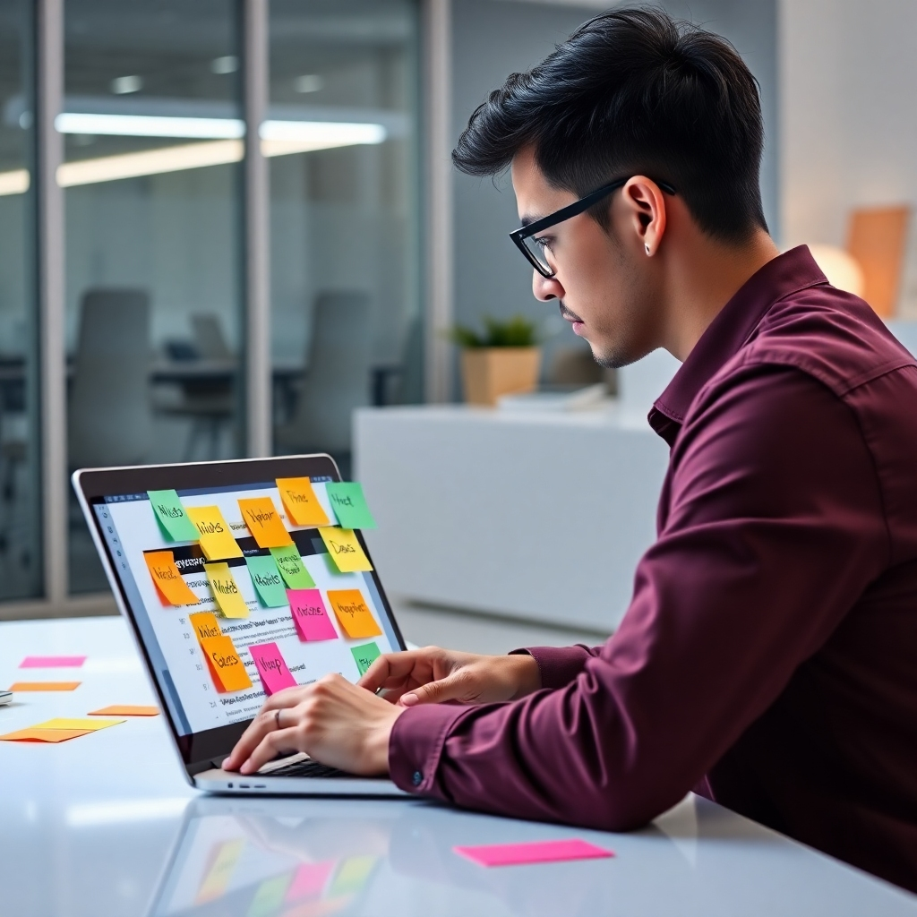A photorealistic image of a person thoughtfully looking at a laptop screen displaying a keyword research tool, surrounded by colorful sticky notes with niche ideas written on them. The background should be a modern, minimalist office space.