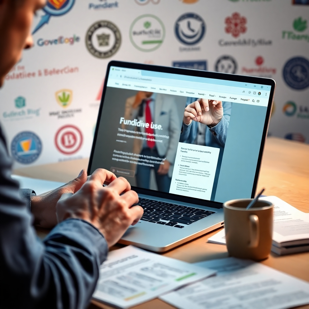 A photorealistic image of a person meticulously reviewing a funder's website on a laptop, surrounded by notes and highlighted grant guidelines, showcasing a focused and organized workspace. The background should subtly depict relevant logos of philanthropic organizations or government agencies.  The lighting should be soft and natural, enhancing the image's clarity and professionalism.