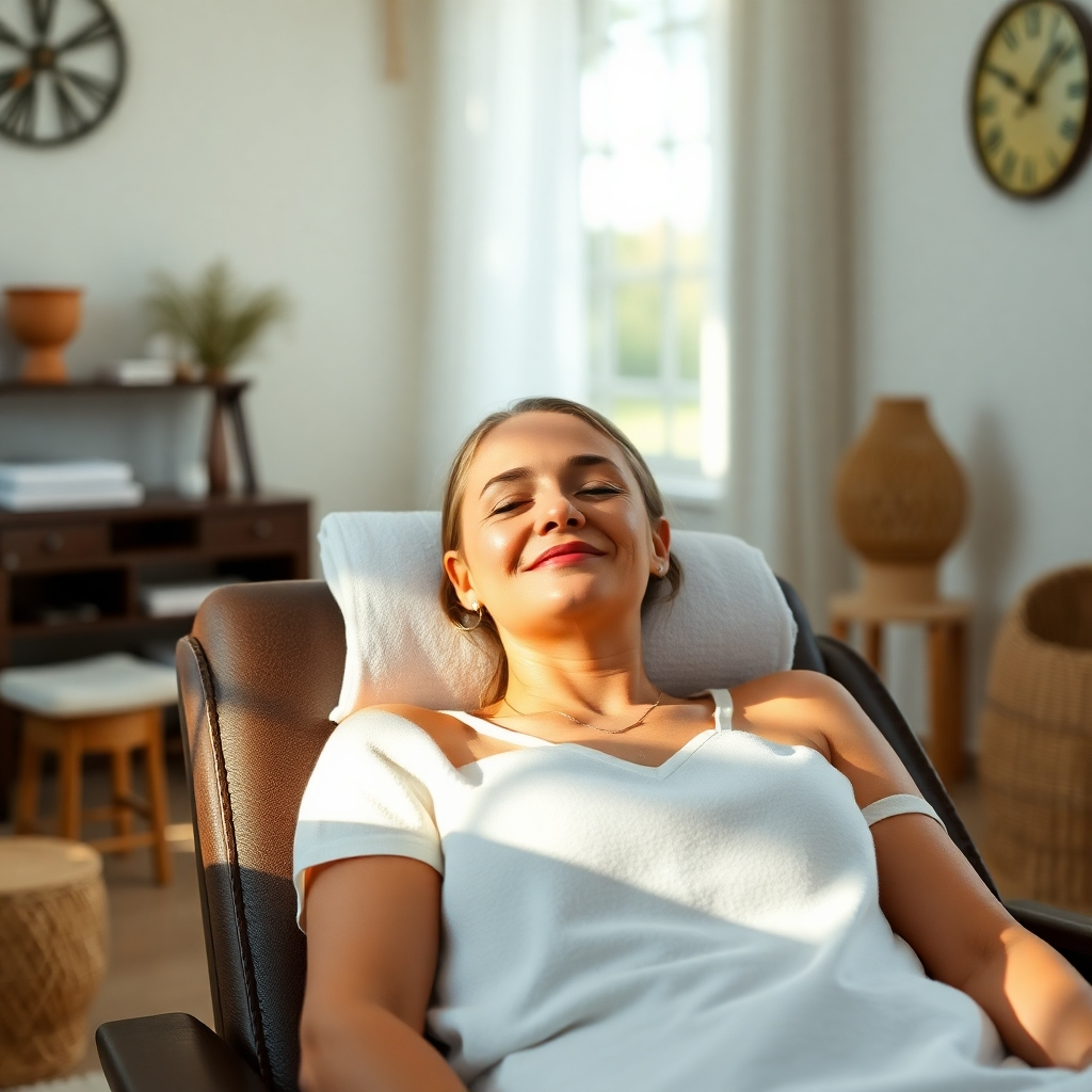 A photorealistic image of a person with a serene expression after a massage. They are sitting in a comfortable chair in a bright, airy room with natural light streaming in. The person appears relaxed, their facial expression reflects peace and contentment, and there is an aura of calmness surrounding them. High resolution, 8k quality, detailed textures, soft lighting