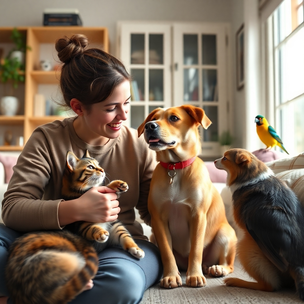 A photorealistic image of a pet sitter interacting affectionately with a variety of pets—a cat, a dog, and a bird—in a bright and cheerful home.  The sitter is engaged with each animal, showing individualized attention. The scene should evoke a sense of calm and trust.