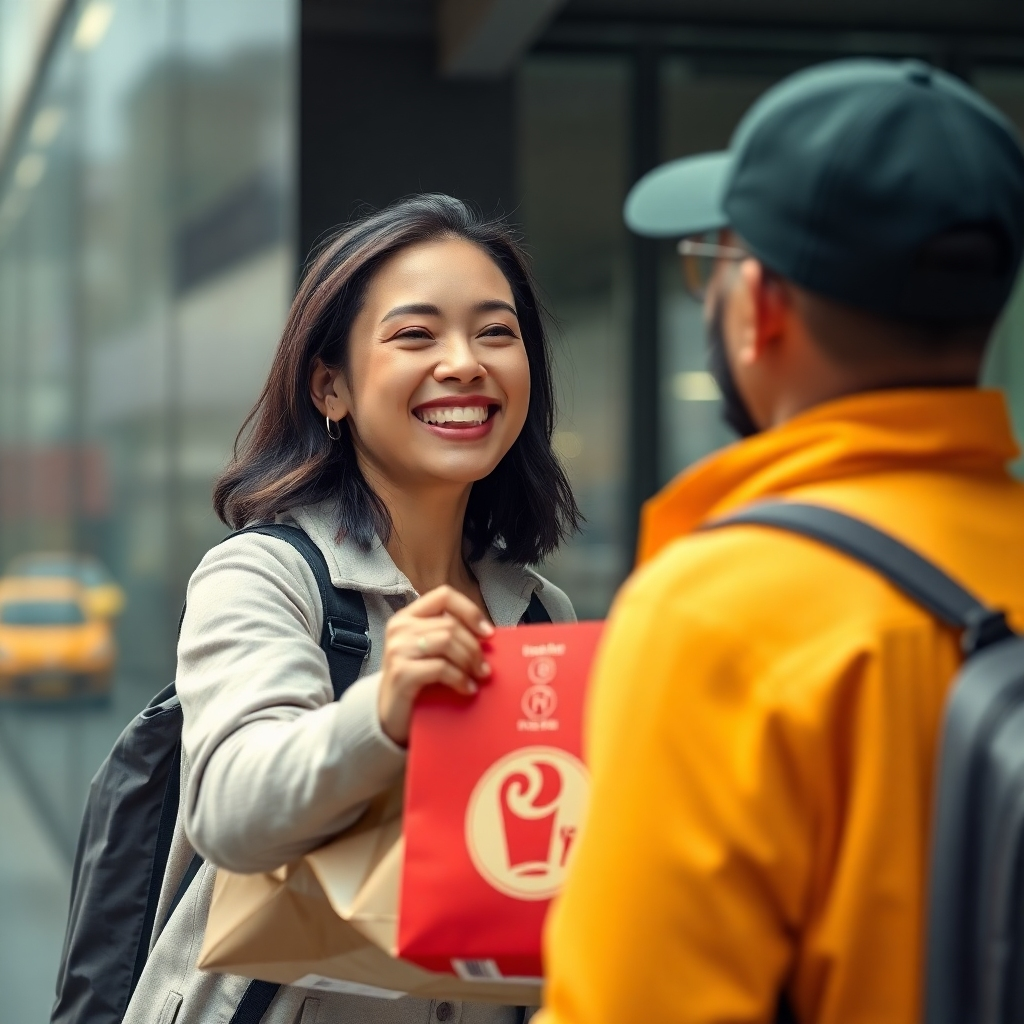 A photorealistic image of a person smiling happily while receiving a fast food delivery bag from a delivery person. The background should be a modern, urban setting. The food bag should have a recognizable fast-food logo. The overall mood should be cheerful and vibrant, emphasizing speed and convenience.