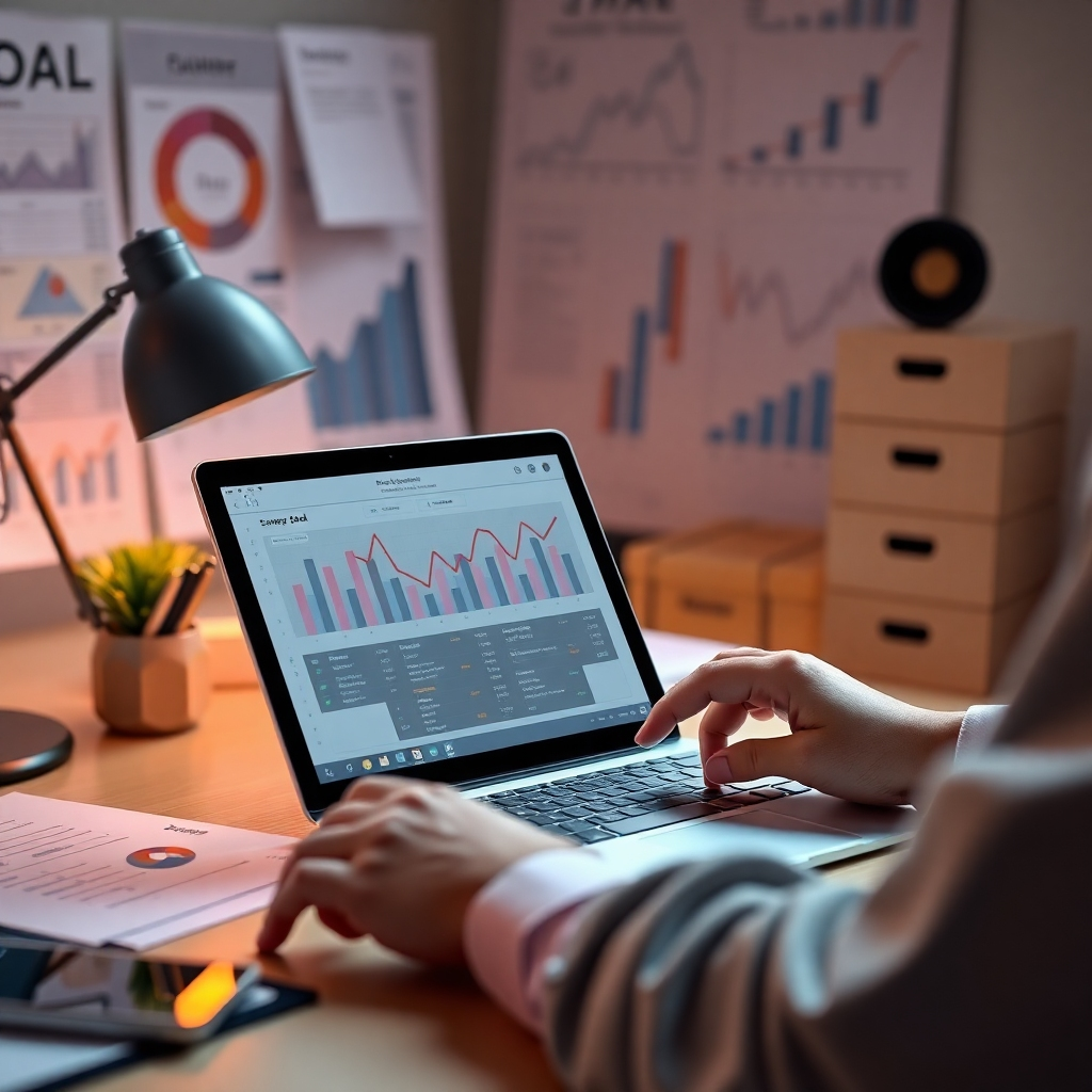 A photorealistic image of a person using a project management tool or planner, with visual elements representing progress towards a specific career goal. The image should depict a well-organized workspace, showcasing successful planning and execution. The overall mood should convey productivity and success.