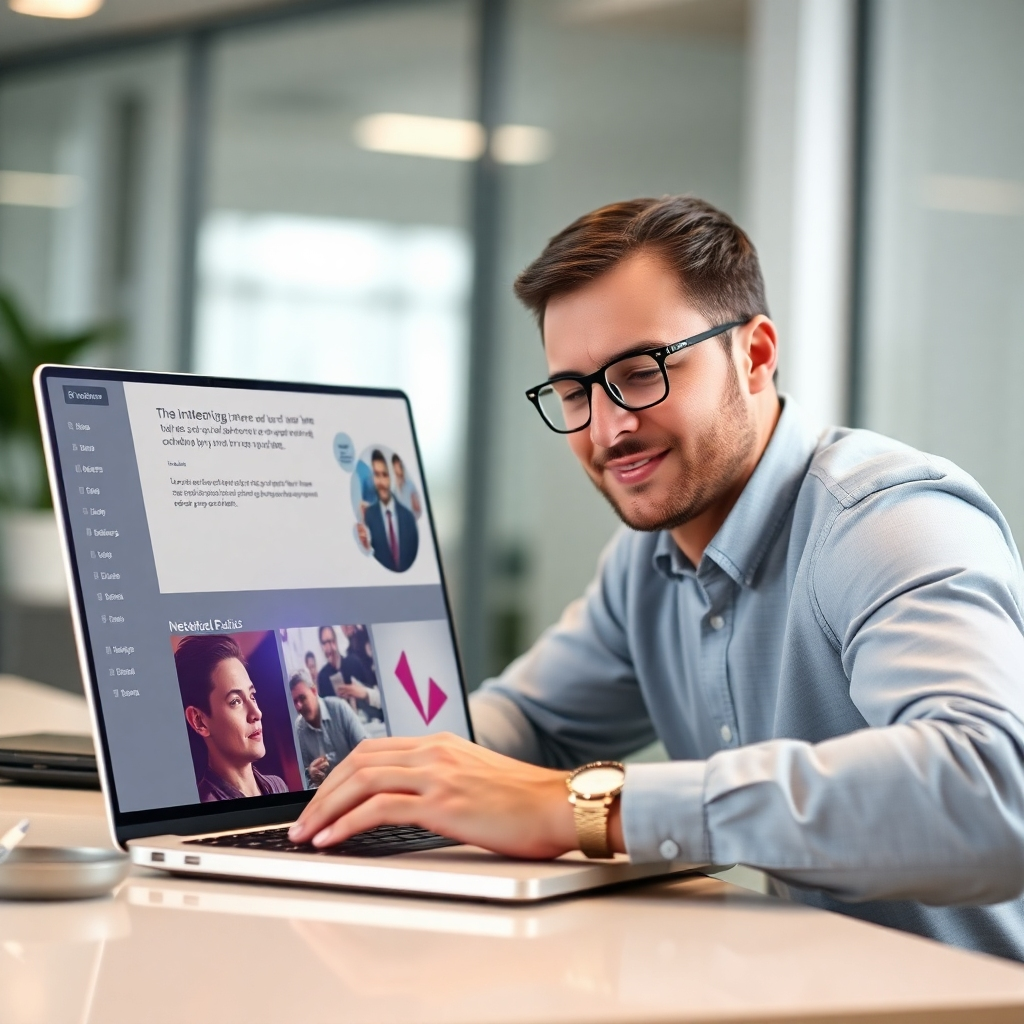 A photorealistic image of a person effortlessly navigating a clean, modern website on a laptop.  The website should feature intuitive menus, clear call-to-actions, and a visually appealing layout. The background should be a blurred, minimalist office space.  Focus on the user's relaxed expression and the smooth website interaction.