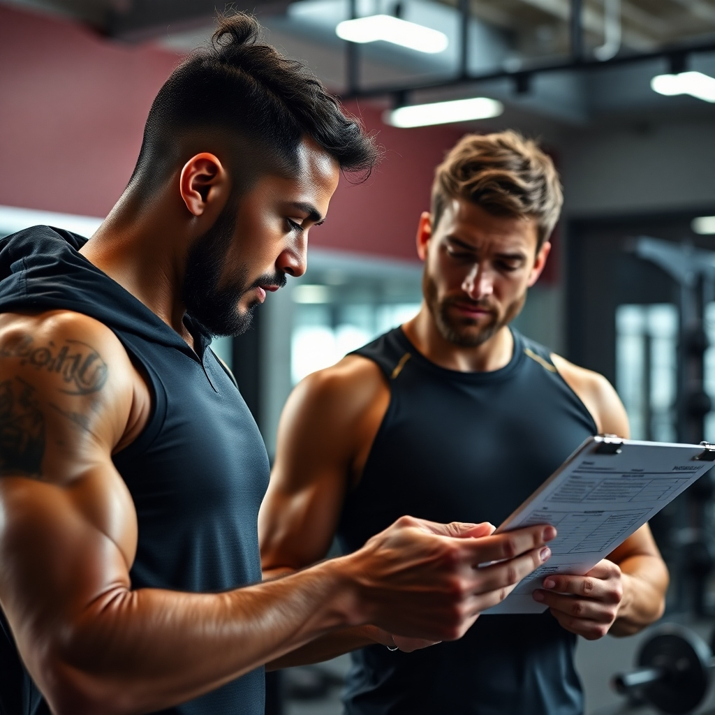 A photorealistic image of a personal sports trainer working one-on-one with an athlete, showing personalized attention and a customized training plan visible on a clipboard.  The setting should be a modern, well-equipped gym or sports facility.  The athlete and trainer should be focused and engaged. High-quality lighting and sharp focus are key.