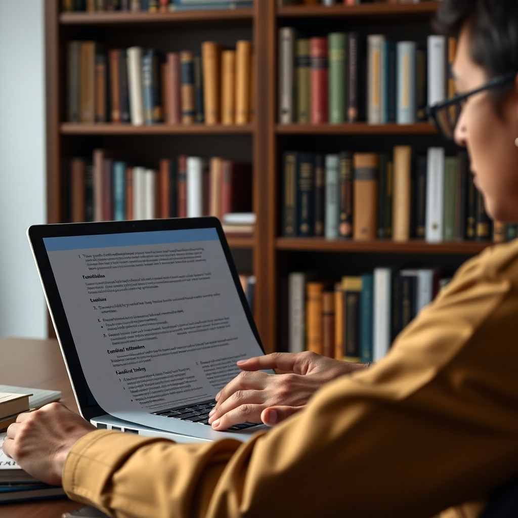 A photorealistic image of a person meticulously reviewing grant guidelines and foundation mission statements on a laptop, with various highlighted sections visible.  The background should subtly show a bookshelf filled with grant writing guides and research materials, emphasizing detailed preparation.