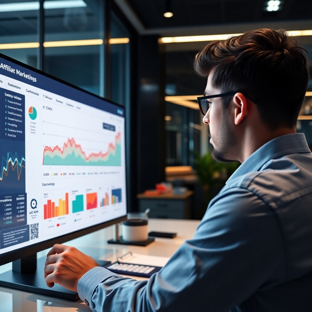 A photorealistic image of a person reviewing data on a large monitor displaying various charts and graphs representing affiliate marketing campaign performance.  The charts should depict key metrics like clicks, conversions, and earnings. The background is a modern office setting with a sophisticated and professional ambiance.